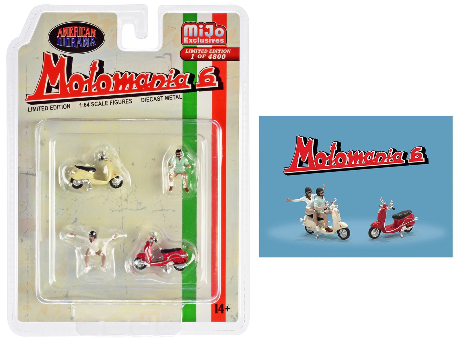 "Motomania 6" 4 piece Diecast Figure Set (2 Figures 2 Scooters) Limited Edition to 4800 pieces Worldwide 1/64 Scale Models by American Diorama free shipping USA - Rapid Vehicles