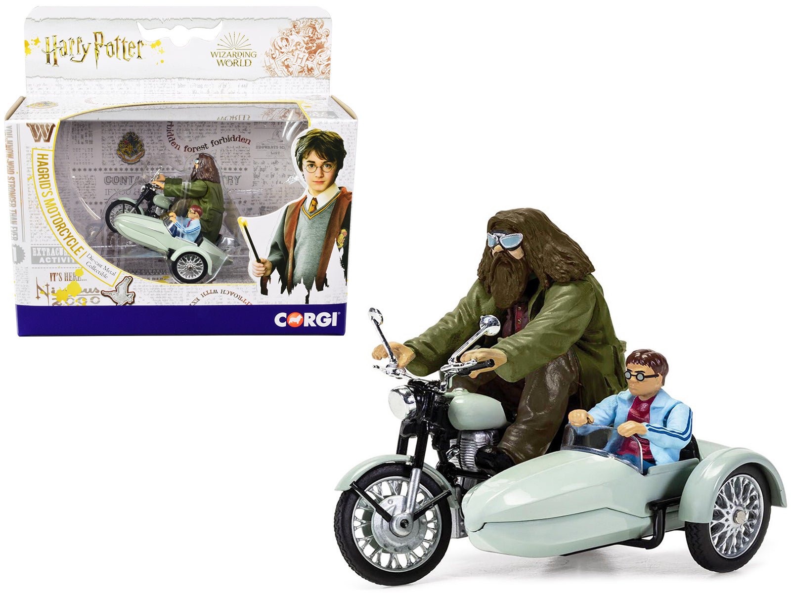 Motorcycle and Sidecar Light Green with Harry and Hagrid Figures "Harry Potter and the Deathly Hallows Part 1" (2010) Movie Diecast Motorcycle Model by Corgi free shipping USA - Rapid Vehicles