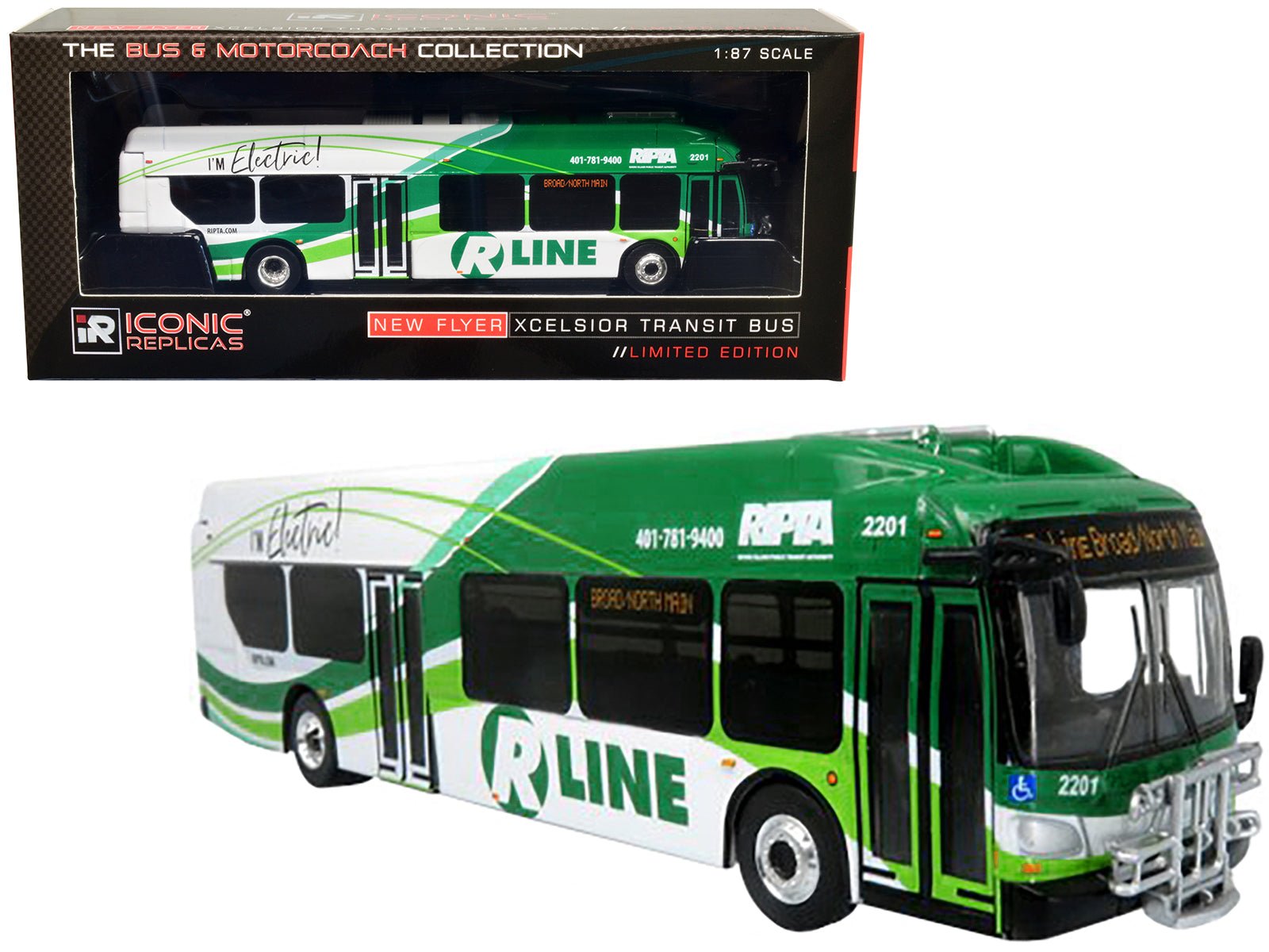 New Flyer Xcelsior Charge NG Electric Transit Bus RIPTA (Rhode Island Public Transit Authority) "R Line Broad/North Main" "The Bus & Motorcoach Collection" 1/87 Diecast Model by Iconic Replicas free shipping USA - Rapid Vehicles