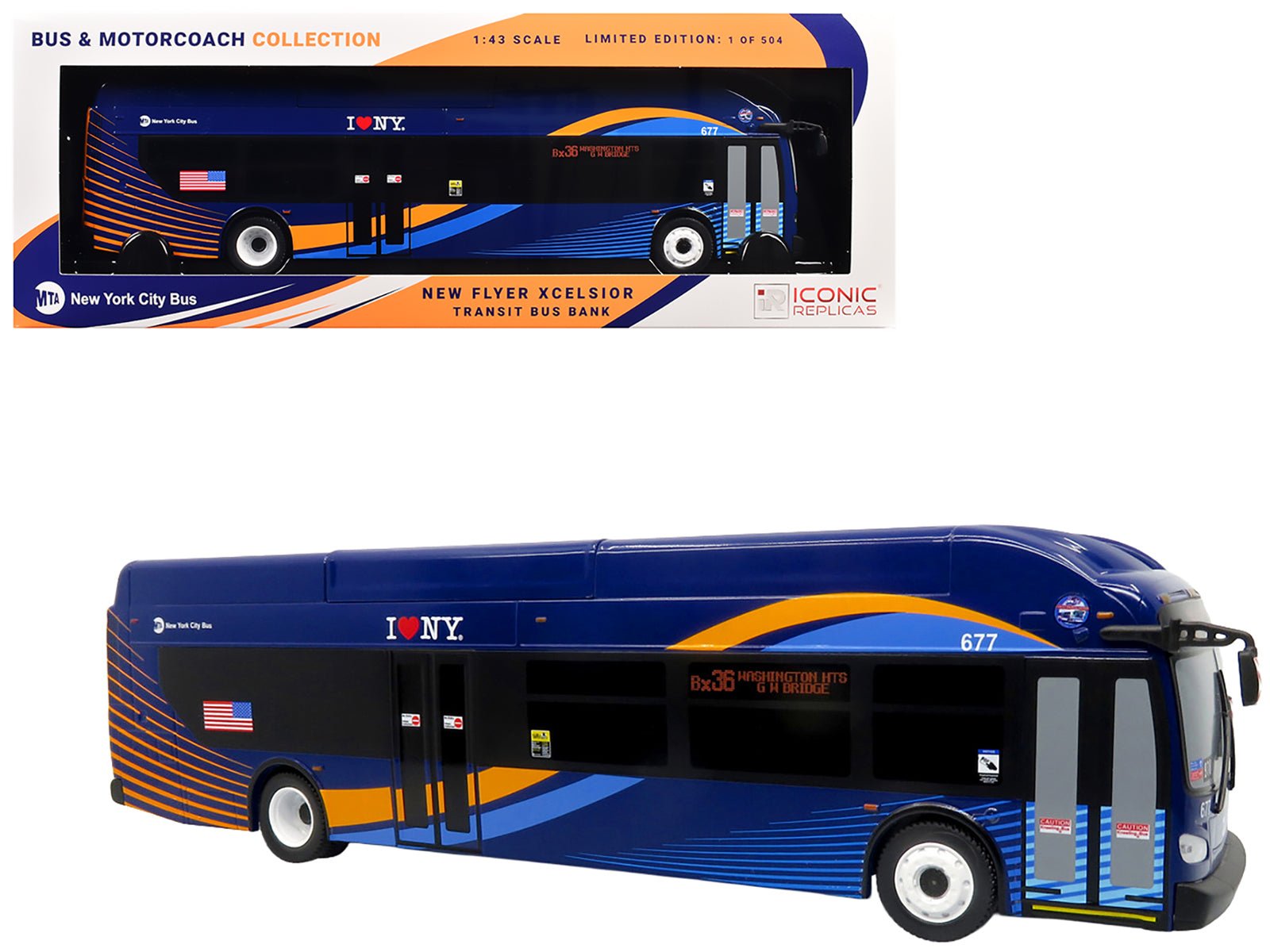New Flyer Xcelsior Transit Bus "MTA New York City" Blue with Graphics "The Bus & Motorcoach Collection" Limited Edition to 504 Pieces Worldwide 1/43 Model by Iconic Replicas free shipping USA - Rapid Vehicles