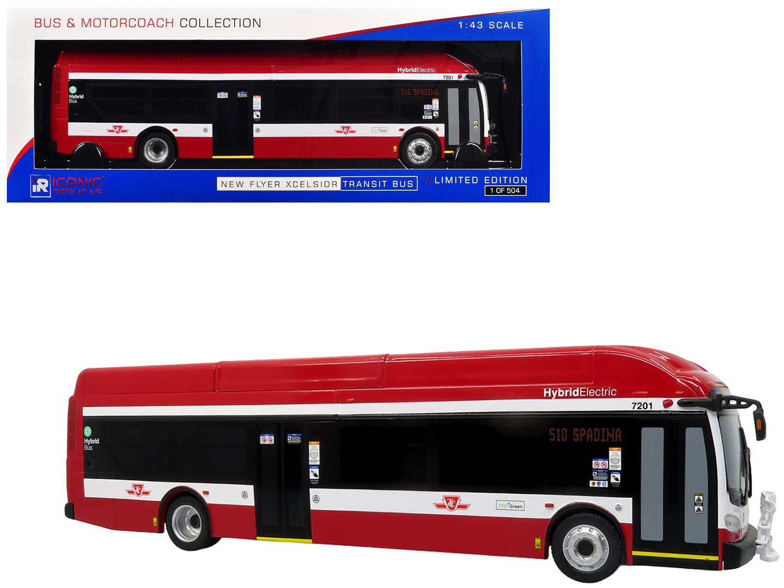 New Flyer Xcelsior Transit Bus "TTC – Toronto Transit Commission" Red and White "The Bus & Motorcoach Collection" Limited Edition to 504 Pieces Worldwide 1/43 Model by Iconic Replicas free shipping USA - Rapid Vehicles