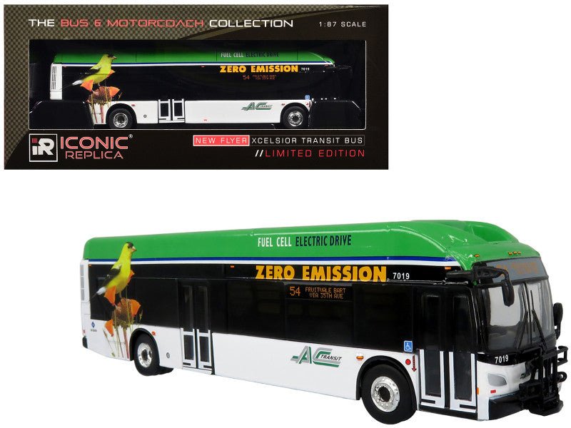 New Flyer Xcelsior XHE40 Transit Bus "AC Transit - Zero Emission" White and Green with Graphics "The Bus & Motorcoach Collection" Limited Edition 1/87 (HO) Diecast Model by Iconic Replicas free shipping USA - Rapid Vehicles