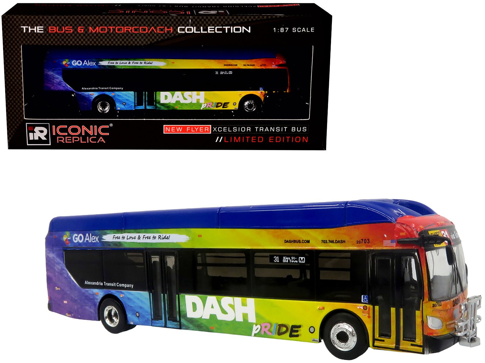 New Flyer Xcelsior XN40 Transit Bus "DASH Pride Livery" Blue with Rainbow Graphics "The Bus & Motorcoach Collection" Limited Edition 1/87 (HO) Diecast Model by Iconic Replicas free shipping USA - Rapid Vehicles