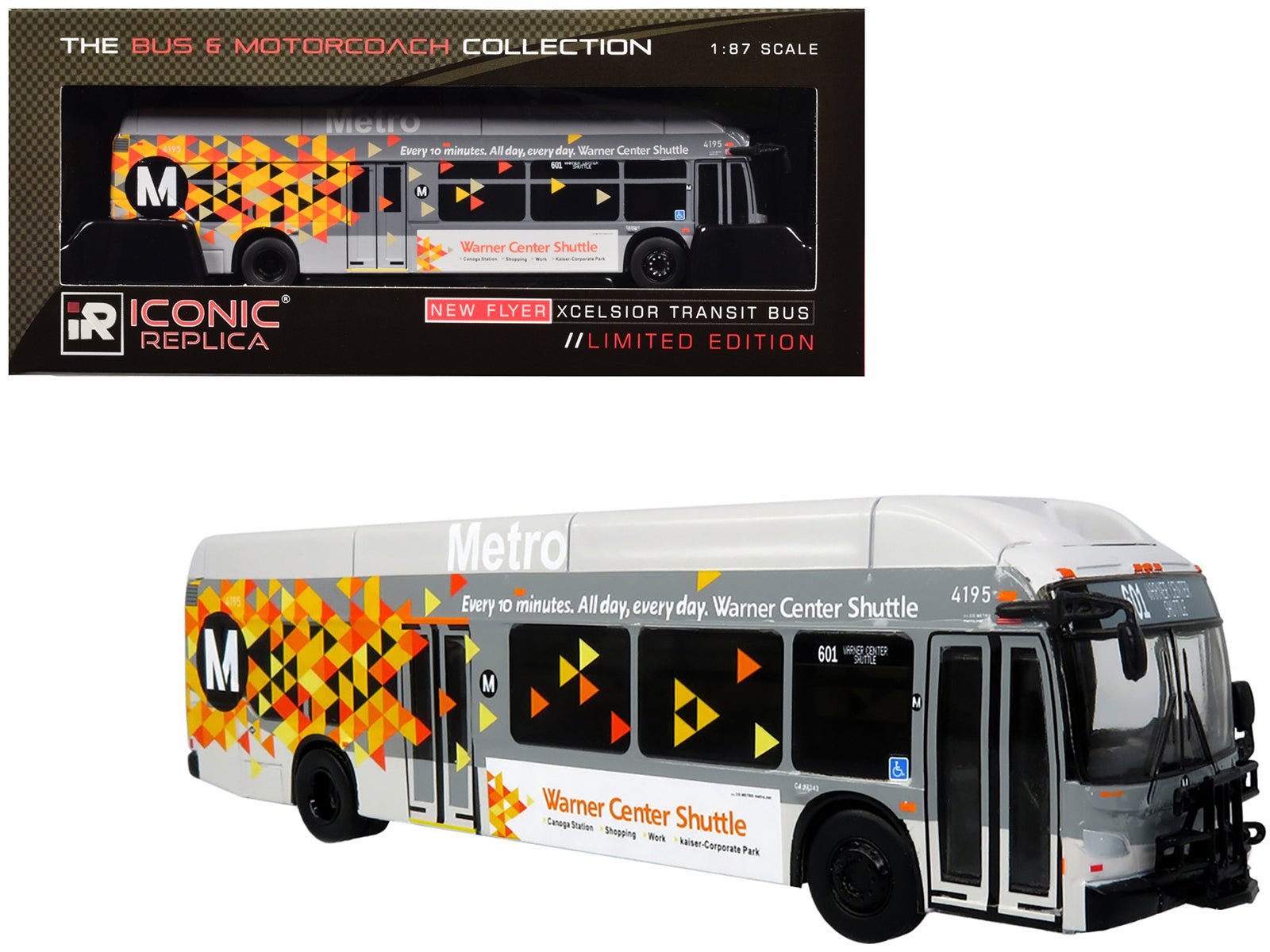 New Flyer Xcelsior XN40 Transit Bus "Los Angeles Metro - Warner Center Shuttle" Gray with Graphics "The Bus & Motorcoach Collection" Limited Edition 1/87 (HO) Diecast Model by Iconic Replicas free shipping USA - Rapid Vehicles