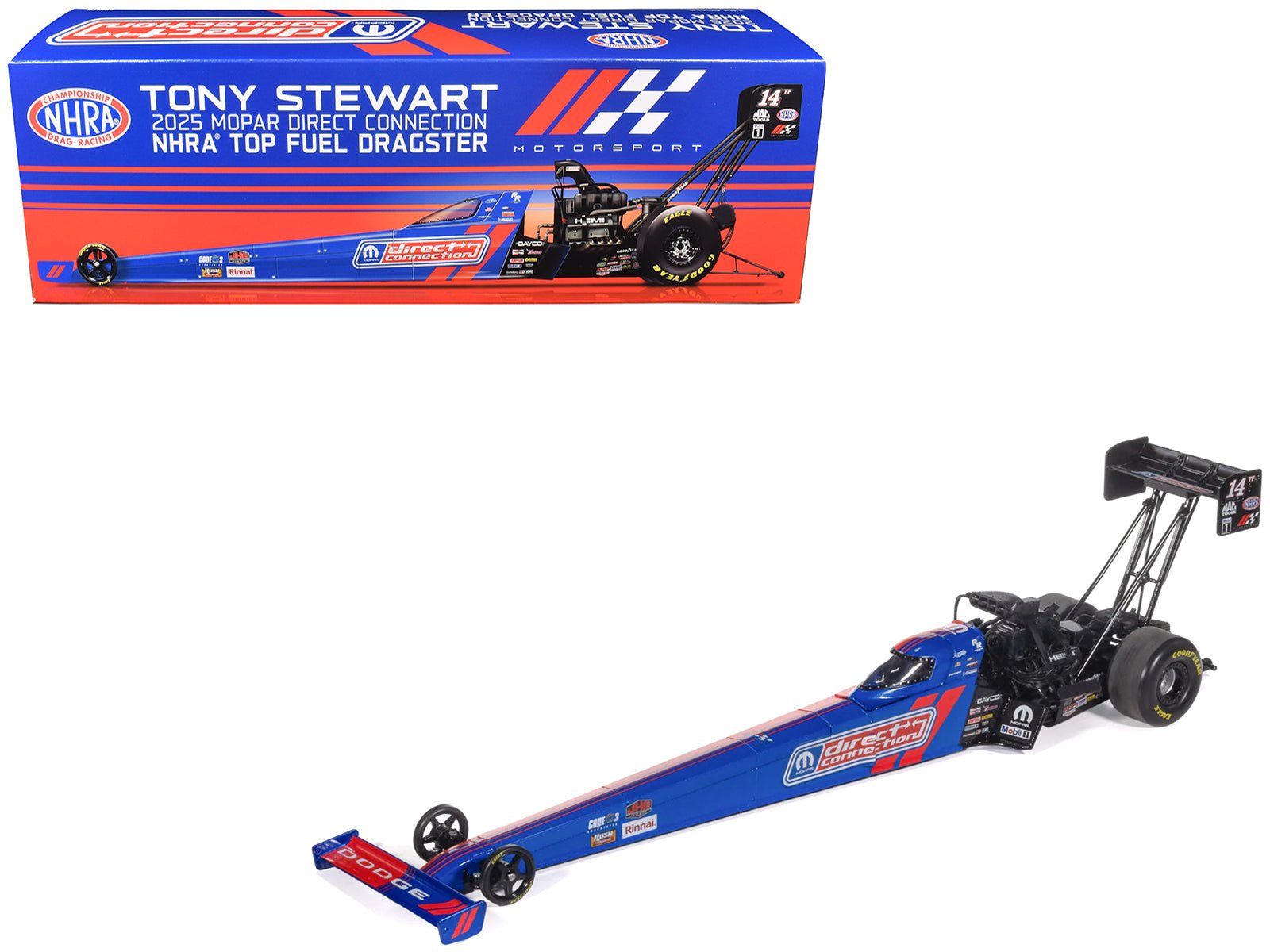NHRA TFD (Top Fuel Dragster) 14TF Tony Stewart "MOPAR Direct Connection" Blue and Red (2025) 1/24 Diecast Model by Auto World free shipping USA - Rapid Vehicles