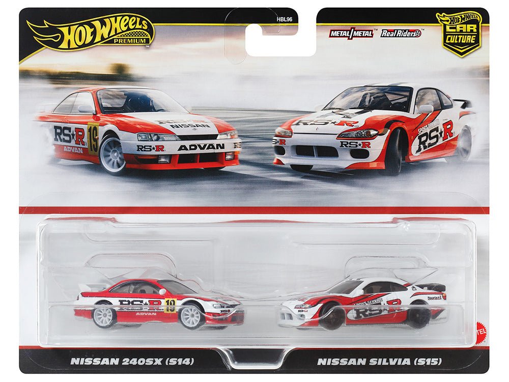 Nissan 240SX (S14) RHD (Right Hand Drive) 19 Red and White and Nissan Silvia (S15) RHD (Right Hand Drive) Red and White "Car Culture" Set of 2 Cars Diecast Model Cars by Hot Wheels free shipping USA - Rapid Vehicles