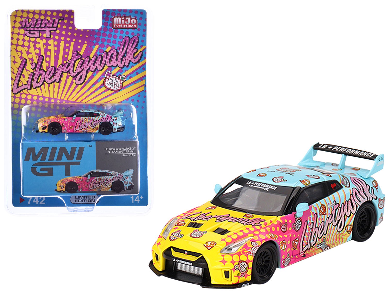 Nissan 35GT - RR Ver.1 "LB - Silhouette Works GT" Light Blue and Yellow with Graphics "LBWK KUMA" Limited Edition 1/64 Diecast Model Car by Mini GT free shipping USA - Rapid Vehicles