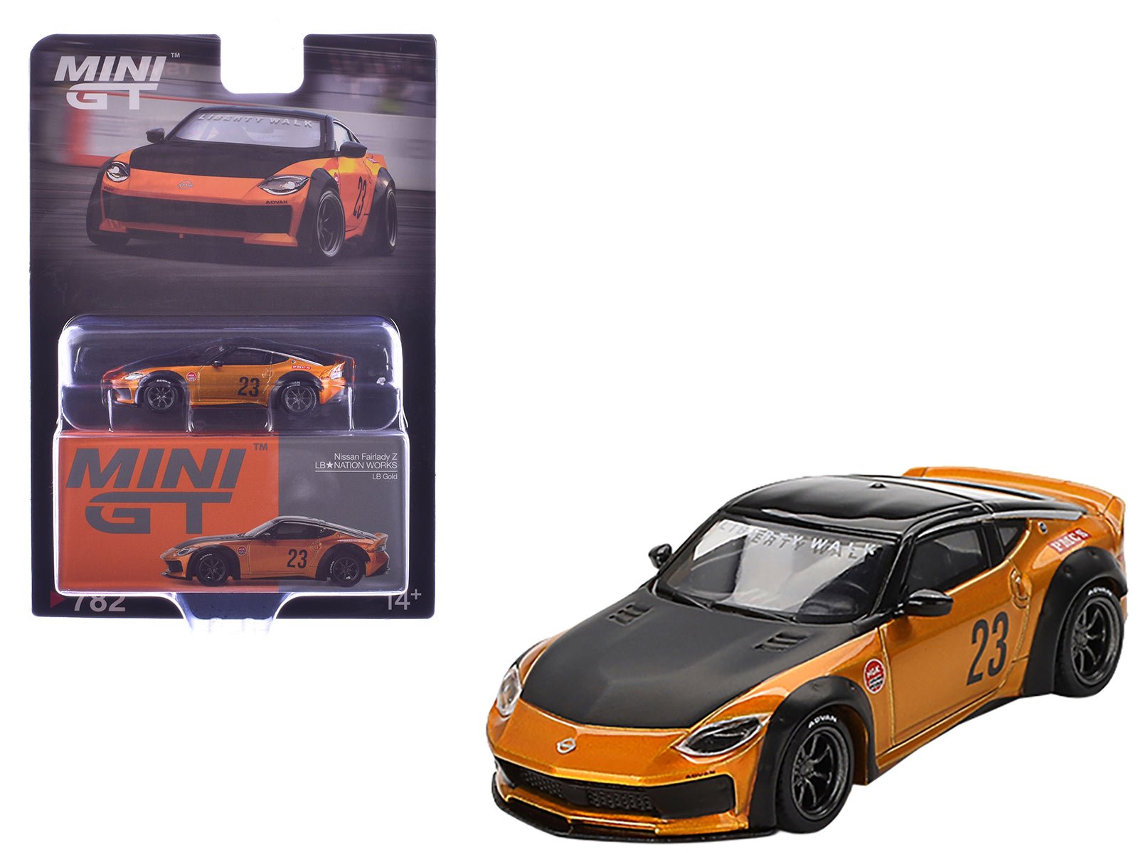 Nissan Fairlady Z 23 "LB - NATION WORKS" LB Gold Metallic with Matt Black Hood and Black Top Limited Edition 1/64 Diecast Model Car by Mini GT free shipping USA - Rapid Vehicles