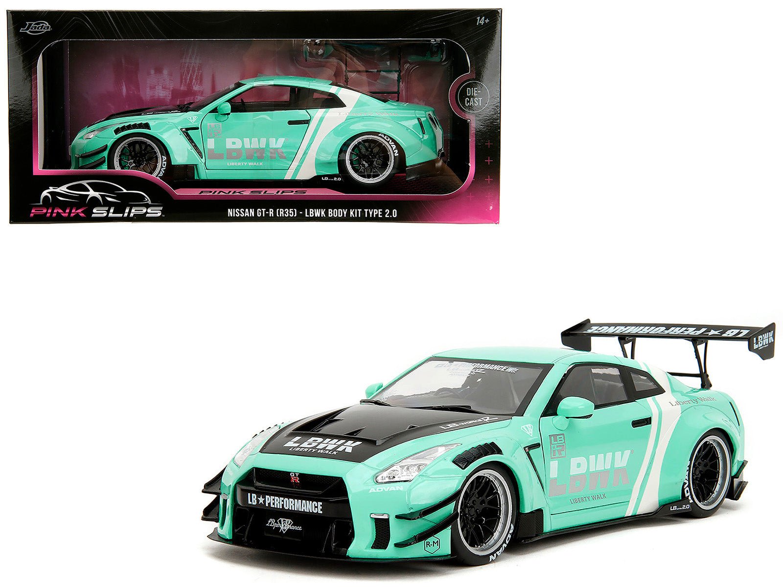 Nissan GT-R (R35) Liberty Walk Body Kit 2.0 RHD (Right Hand Drive) Light Blue with Black Hood and White Stripes "Pink Slips" Series 1/18 Diecast Model Car by Jada free shipping USA - Rapid Vehicles