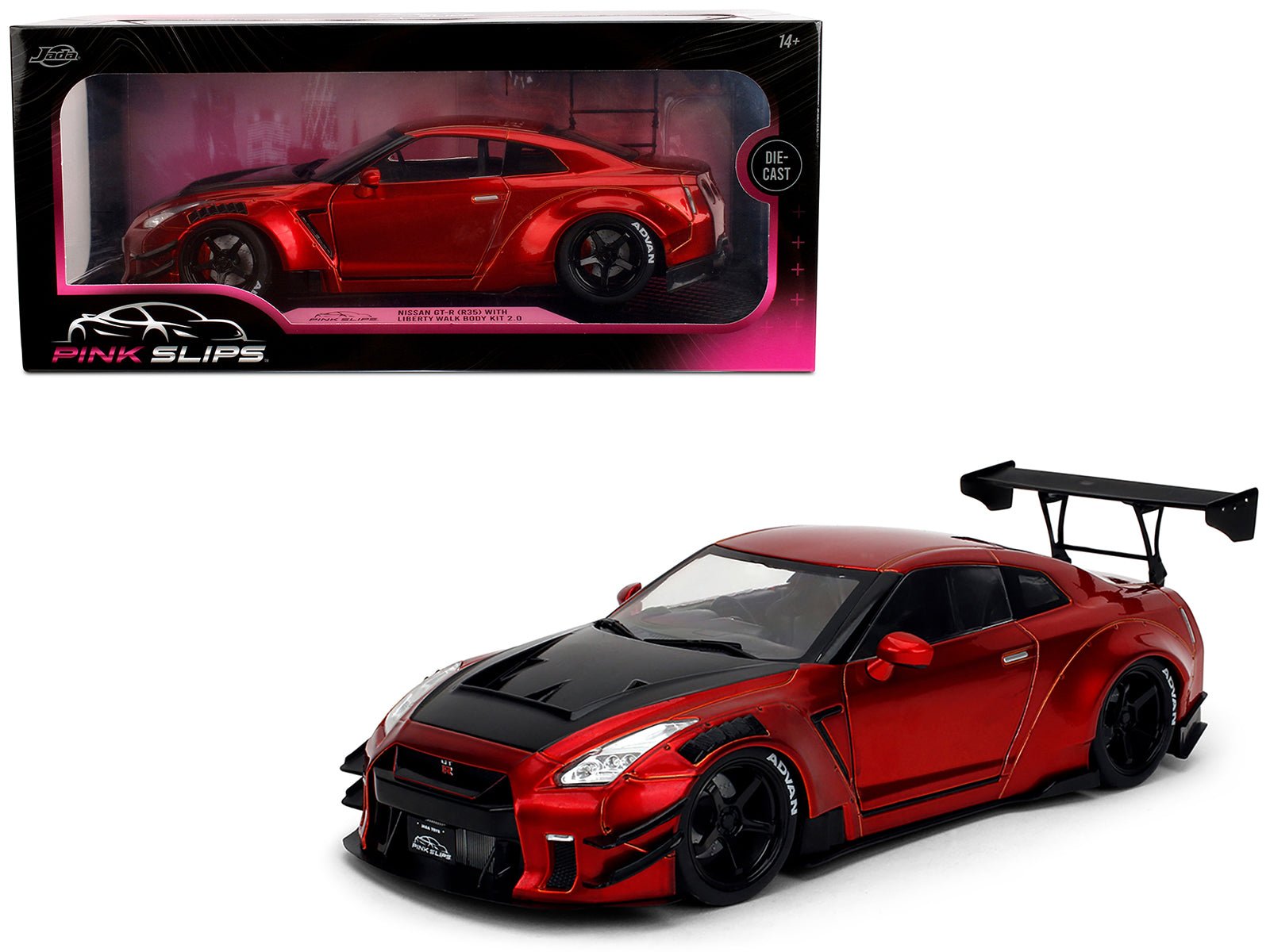 Nissan GT-R (R35) Liberty Walk Body Kit 2.0 RHD (Right Hand Drive) Red Metallic with Carbon Hood "Pink Slips" Series 1/18 Diecast Model Car by Jada free shipping USA - Rapid Vehicles