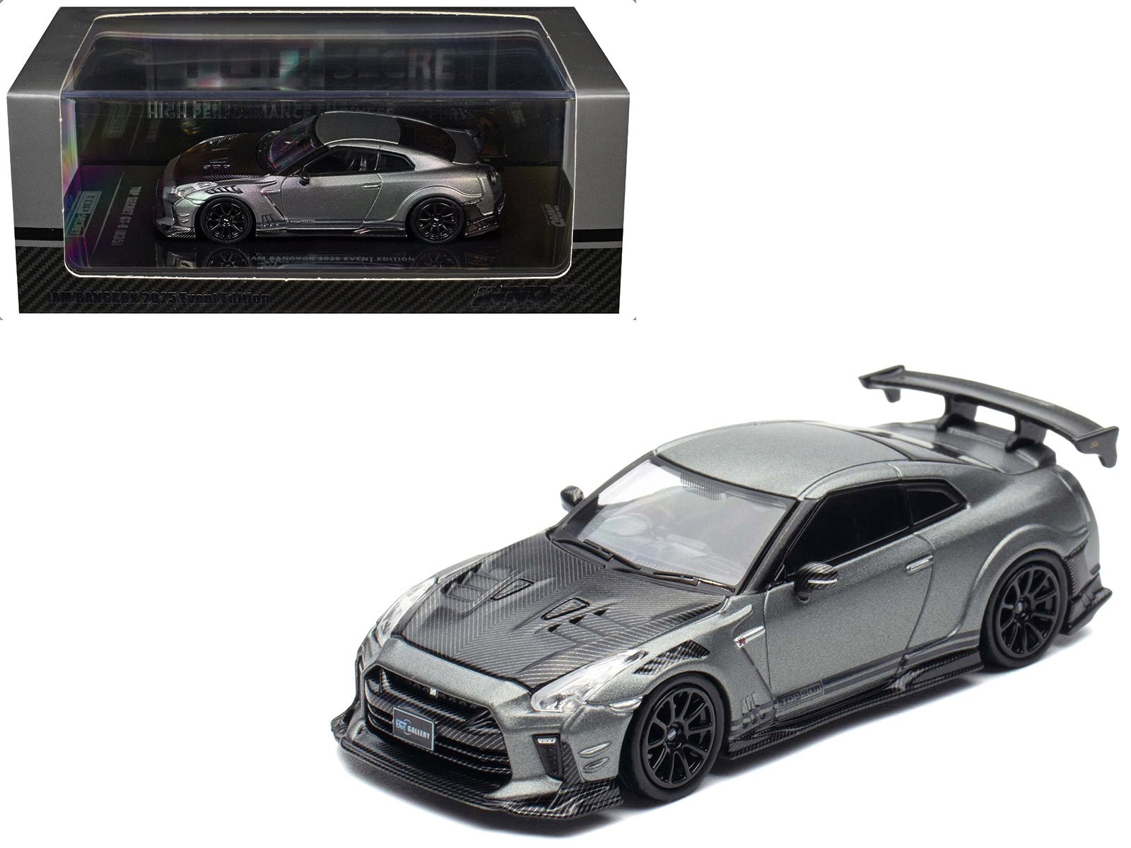 Nissan GT - R (R35) "Top Secret" RHD (Right Hand Drive) Gray Metallic with Carbon Hood "IAM Bangkok 2025 Event Edition" 1/64 Diecast Model Car by Inno Models free shipping USA - Rapid Vehicles