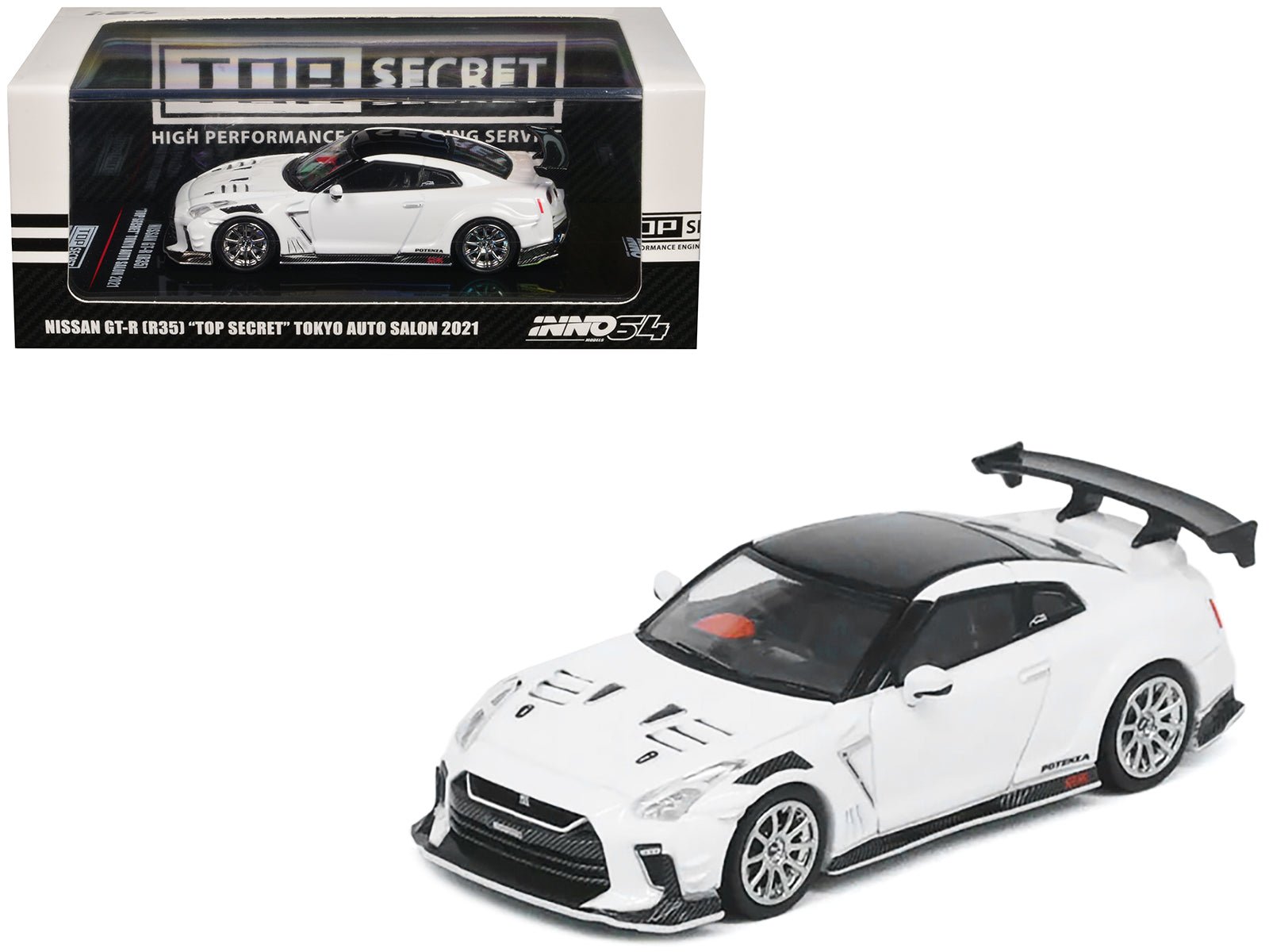 Nissan GT - R (R35) "Top Secret" RHD (Right Hand Drive) White with Black Top "Tokyo Auto Salon 2021" 1/64 Diecast Model Car by Inno Models free shipping USA - Rapid Vehicles
