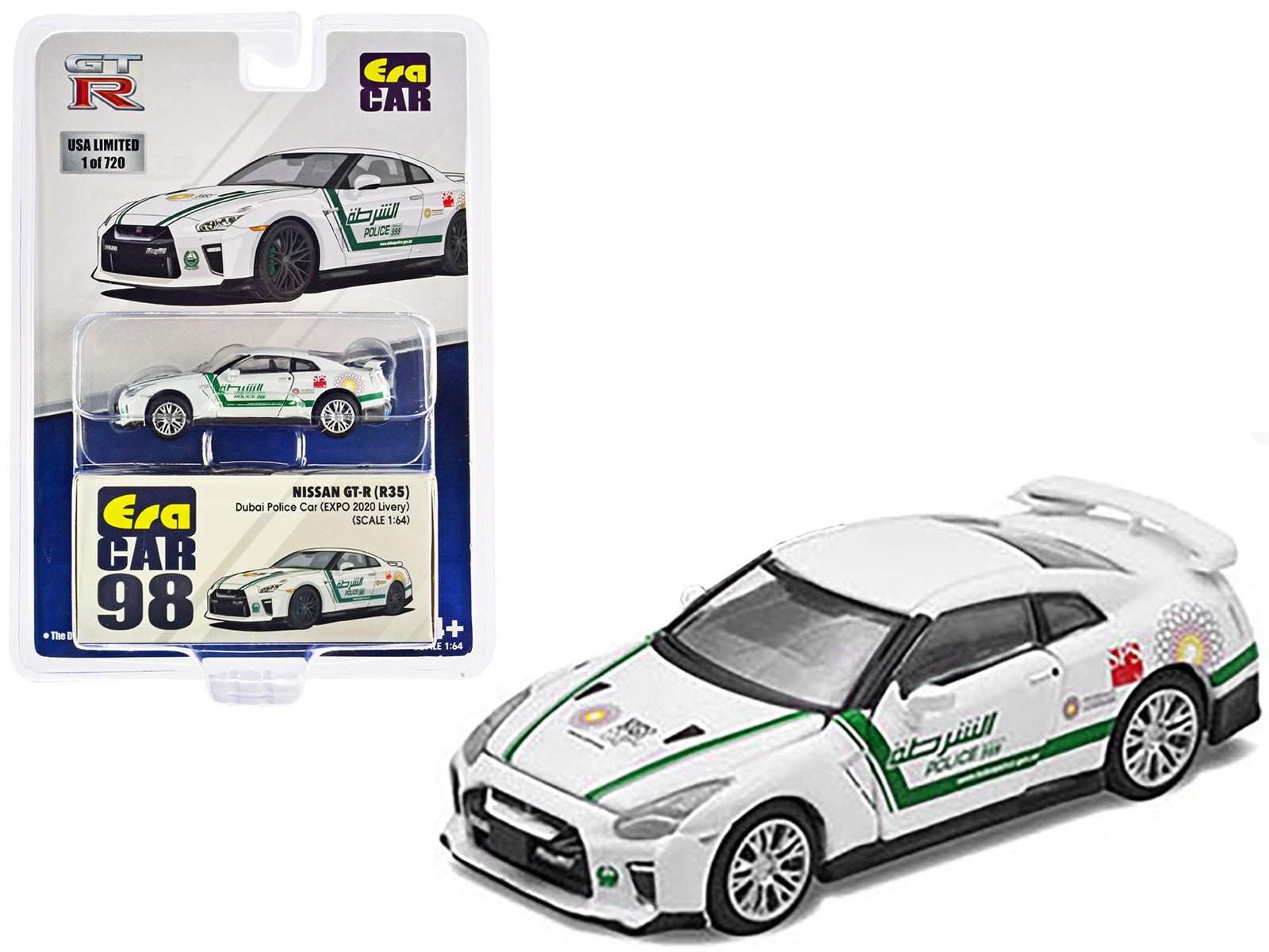 Nissan GT - R (R35) White Dubai Police "EXPO 2020" Livery Limited Edition to 720 pieces Worldwide 1/64 Diecast Model Car by Era Car free shipping USA - Rapid Vehicles