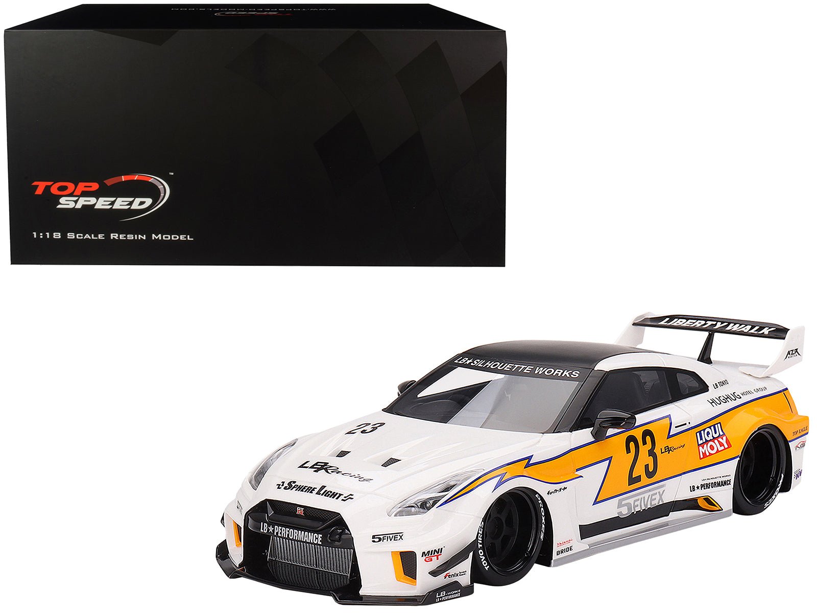 Nissan LB - Silhouette WORKS GT 35GT - RR Ver.1 RHD (Right Hand Drive) 23 White with Yellow Stripes "LB Racing" 1/18 Model Car by Top Speed free shipping USA - Rapid Vehicles