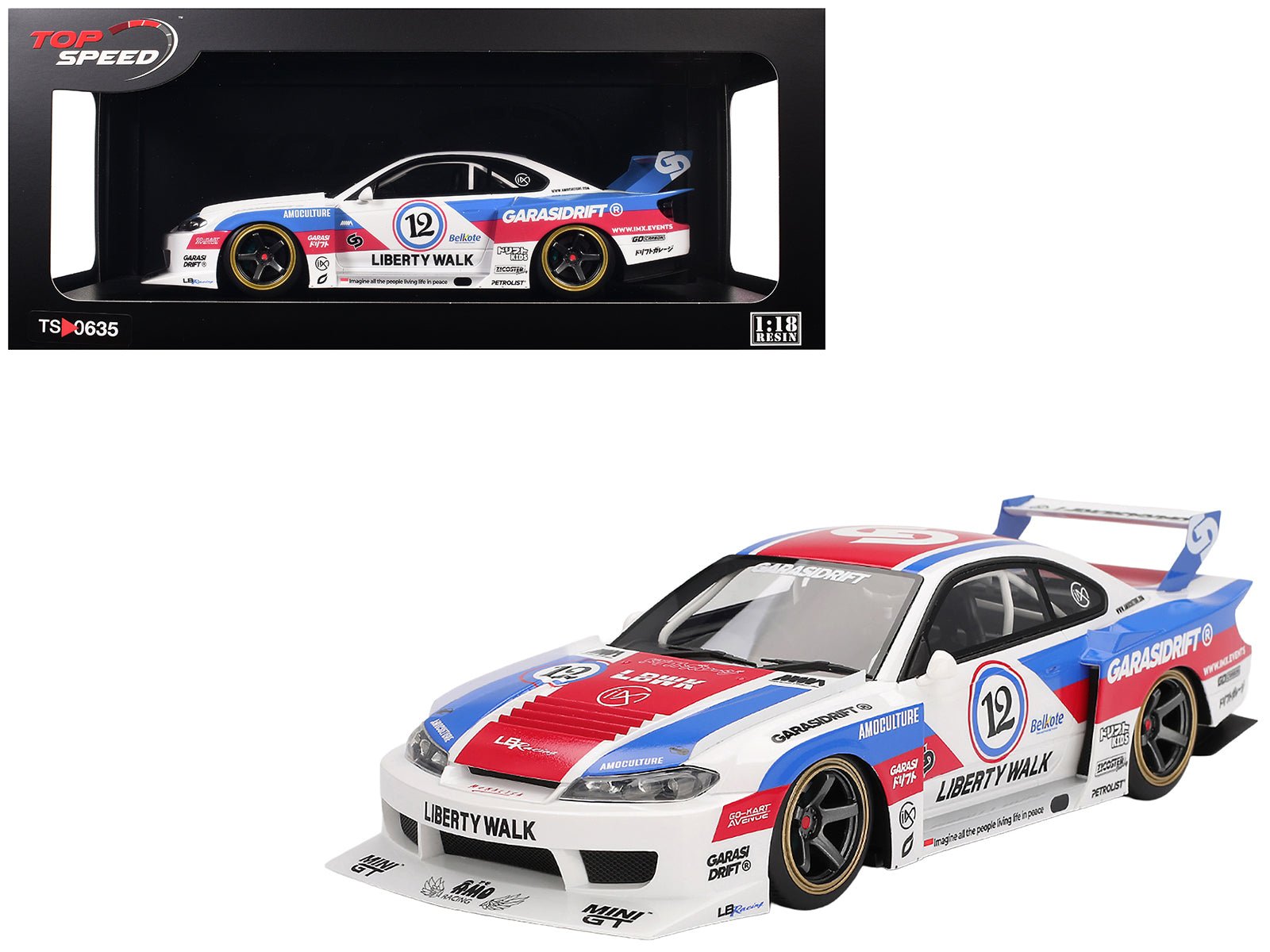 Nissan "LB-Super Silhouette" S15 SILVIA RHD (Right Hand Drive) 12 "GARASIDRIFT" White with Red and Blue Graphics 1/18 Model Car by Top Speed free shipping USA - Rapid Vehicles