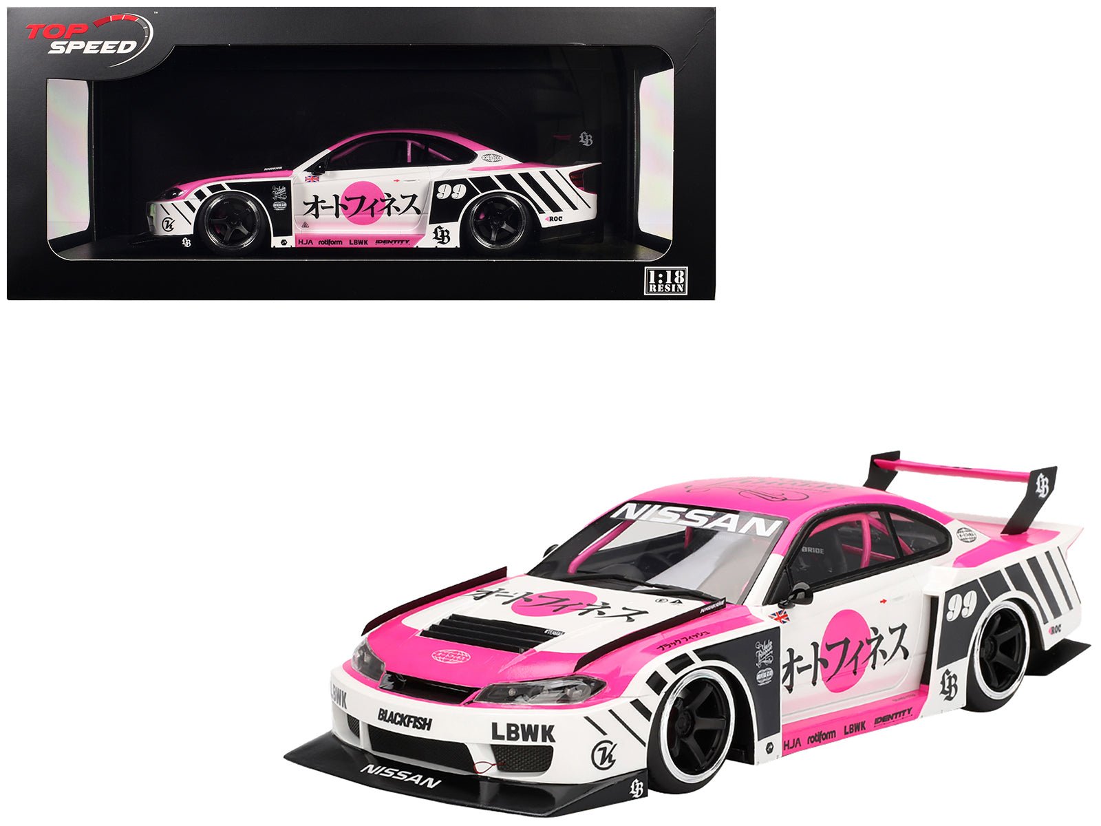 Nissan "LB - Super Silhouette" S15 SILVIA RHD (Right Hand Drive) 99 "Auto Finesse - SEMA 2023" White and Pink 1/18 Model Car by Top Speed free shipping USA - Rapid Vehicles