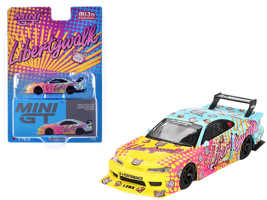 Nissan "LB - Super Silhouette" S15 SILVIA RHD (Right Hand Drive) Yellow and Blue with Pink Graphics "LBWK KUMA" Limited Edition 1/64 Diecast Model Car by Mini GT free shipping USA - Rapid Vehicles