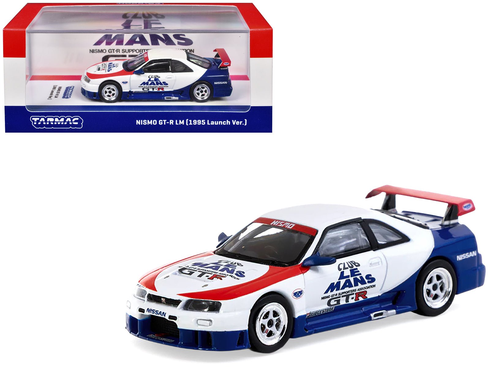 Nissan Nismo GT - R LM RHD (Right Hand Drive) "1995 Launch Version" White with Red and Blue Accents "Hobby64" Series 1/64 Diecast Model Car by Tarmac Works free shipping USA - Rapid Vehicles