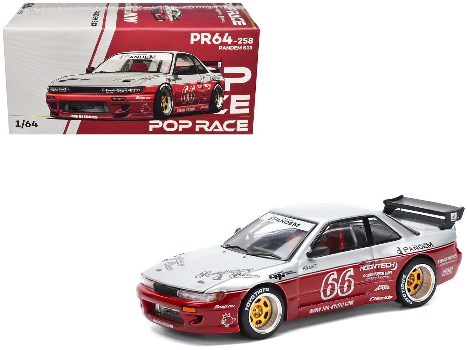 Nissan Pandem S13 RHD (Right Hand Drive) 66 "Moontech" Silver and Red Metallic 1/64 Diecast Model Car by Pop Race free shipping USA - Rapid Vehicles