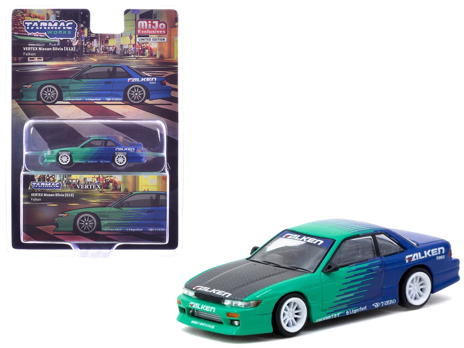 Nissan Silvia (S13) Vertex RHD (Right Hand Drive) "Falken Tires" Green and Blue wuth Carbon Hood "Global64" Series 1/64 Diecast Model by Tarmac Works free shipping USA - Rapid Vehicles