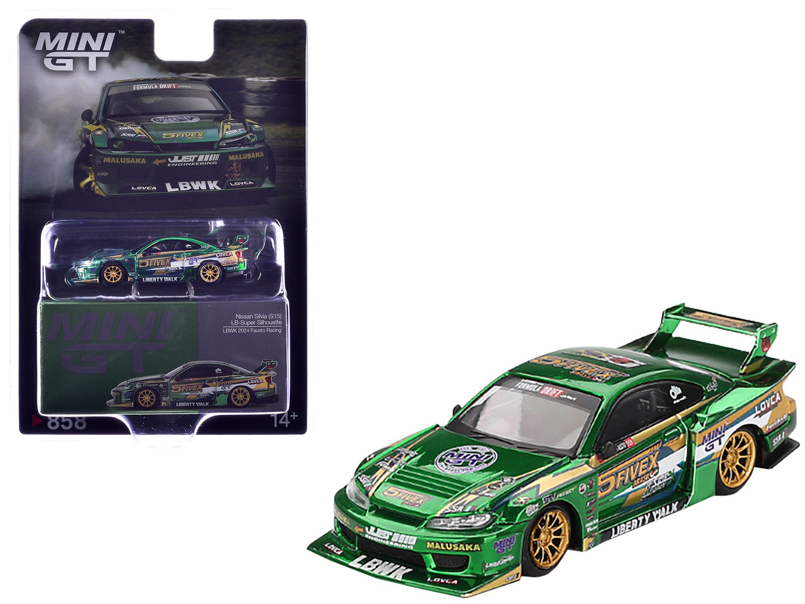 Nissan Silvia (S15) LB - Super Silhouette RHD (Right Hand Drive) "Fausto Racing 2024" Green Metallic Limited Edition 1/64 Diecast Model Car by Mini GT free shipping USA - Rapid Vehicles