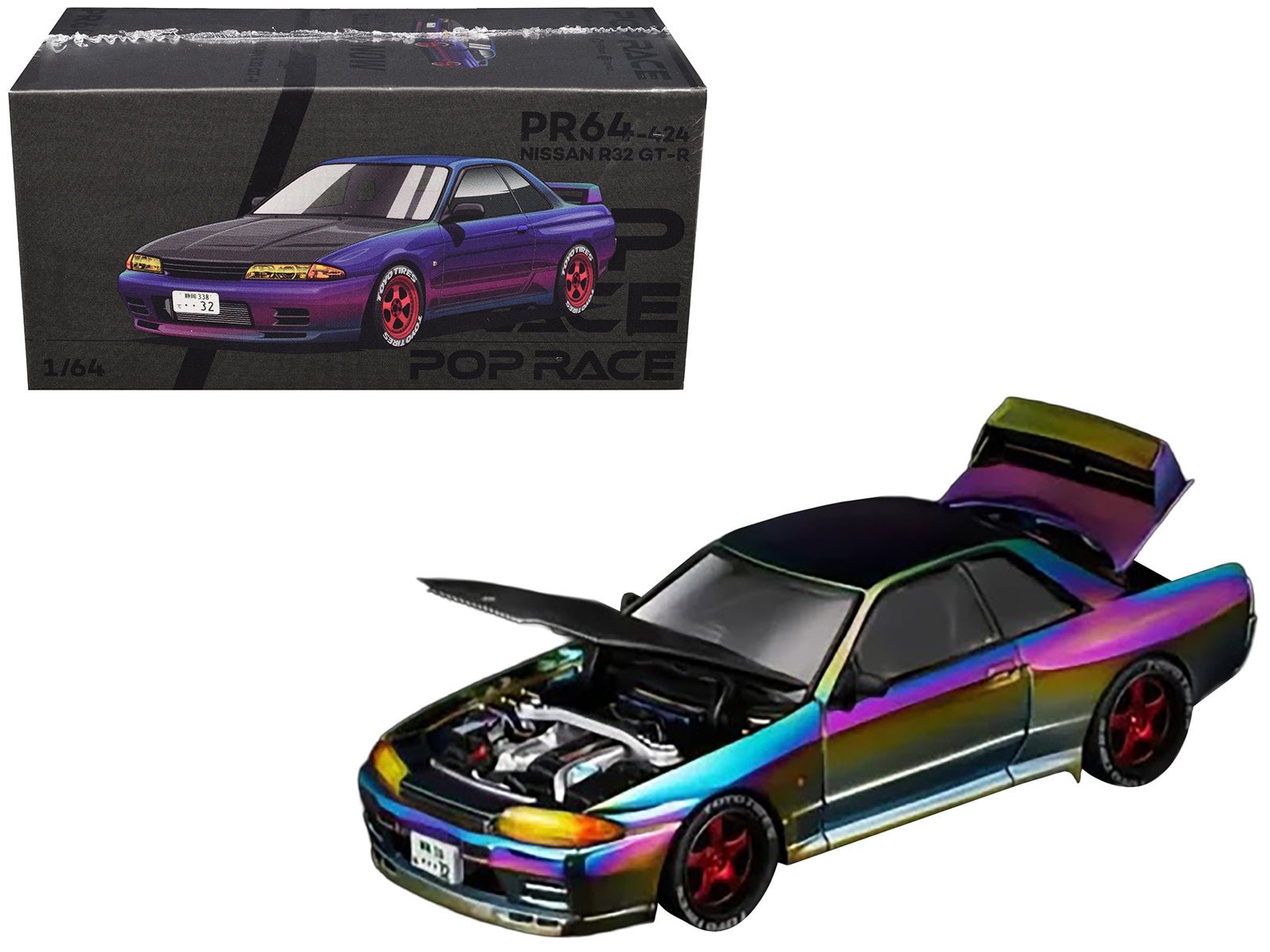 Nissan Skyline GT - R (R32) RHD (Right Hand Drive) Chameleon Chrome with Carbon Hood "Vancouver Edition" 1/64 Diecast Model Car by Pop Race free shipping USA - Rapid Vehicles
