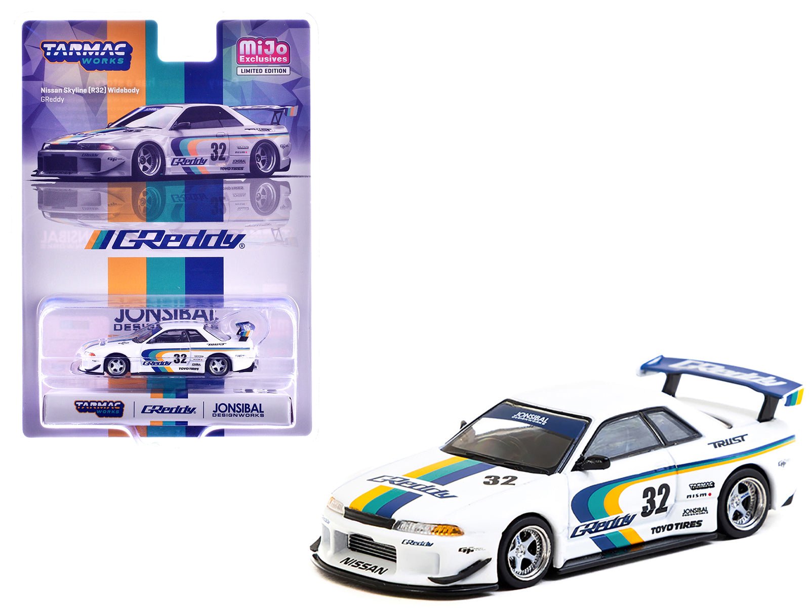 Nissan Skyline GT-R (R32) Widebody RHD (Right Hand Drive) 32 "Greddy - Jonsibal Designworks" White with Stripes "Global64" Series 1/64 Diecast Model by Tarmac Works free shipping USA - Rapid Vehicles