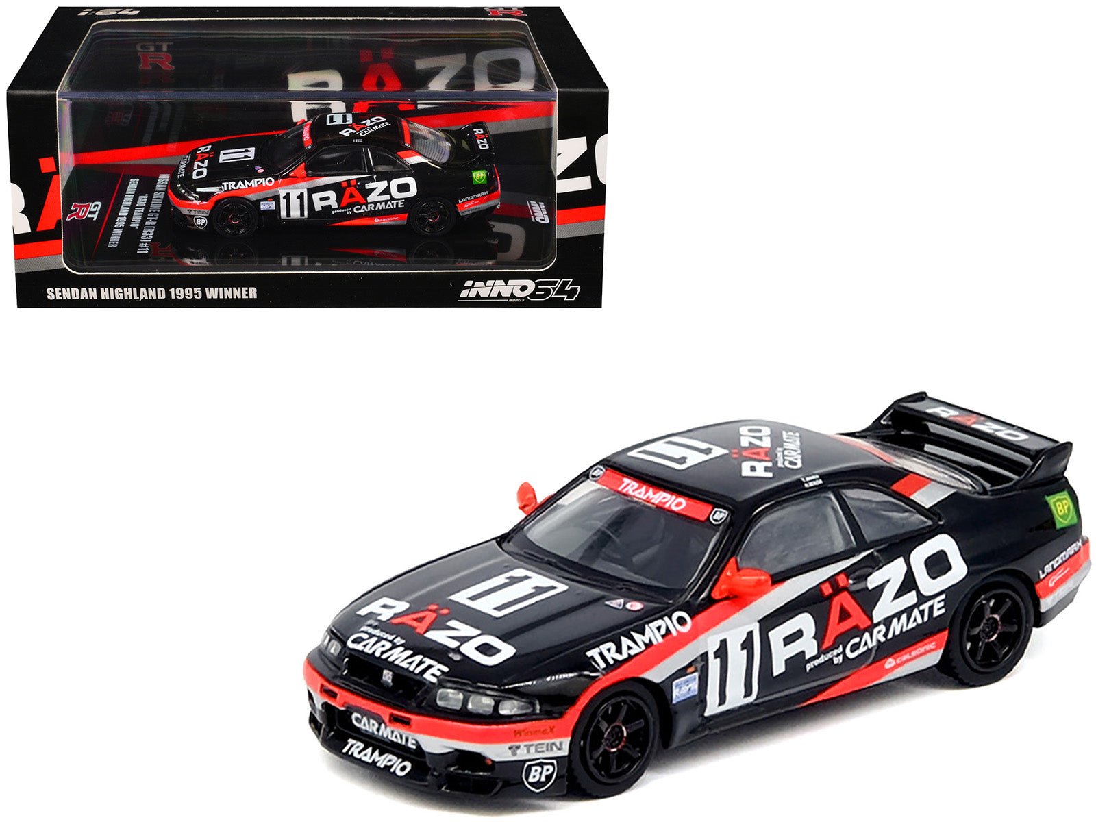 Nissan Skyline GT - R (R33) RHD (Right Hand Drive) 11 "Razo Trampio" N1 Super Endurance Series "Sedan Highland" (1995) 1/64 Diecast Model Car by Inno Models free shipping USA - Rapid Vehicles