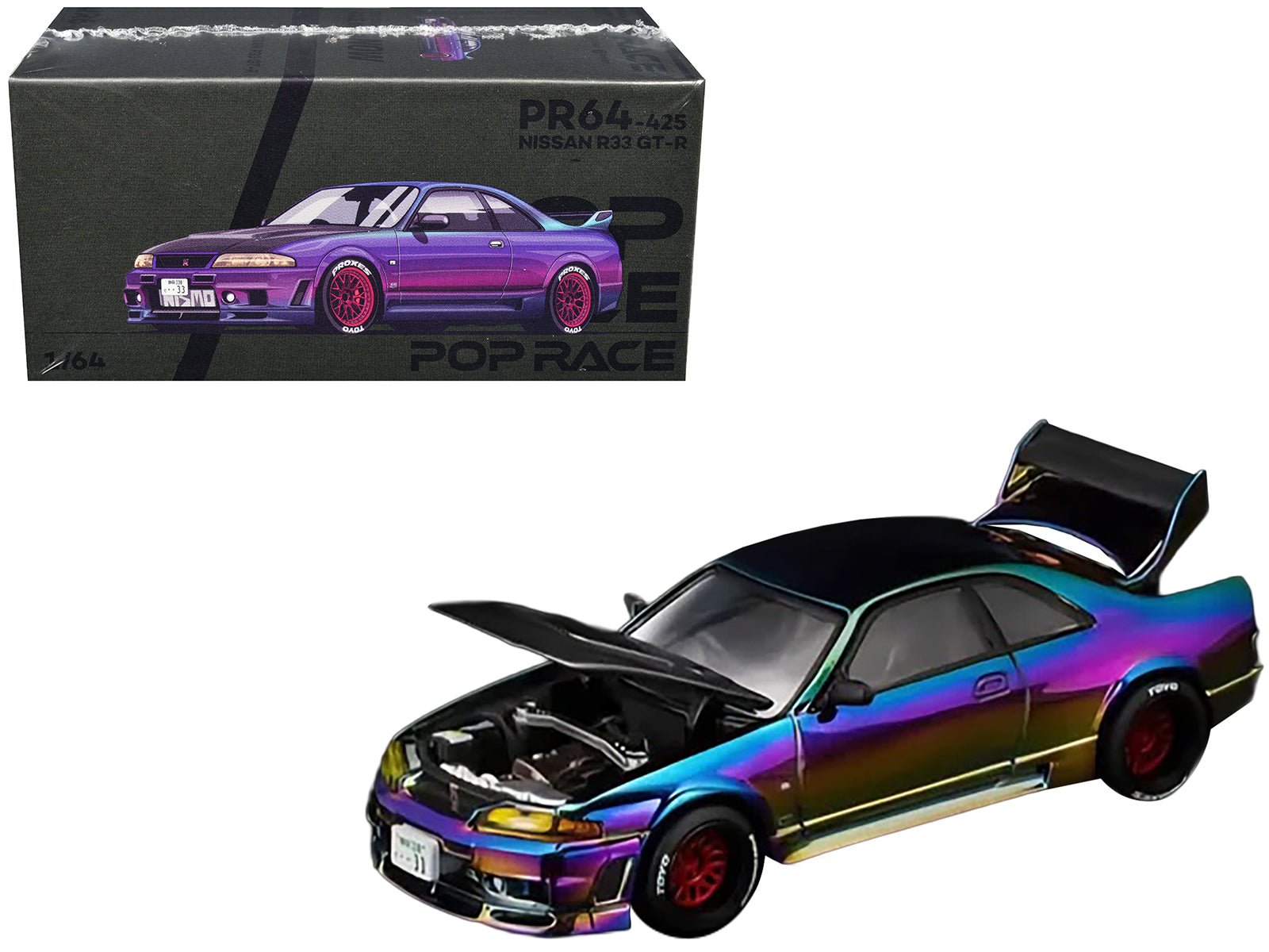 Nissan Skyline GT - R (R33) RHD (Right Hand Drive) Chameleon Chrome with Carbon Hood "Vancouver Edition" 1/64 Diecast Model Car by Pop Race free shipping USA - Rapid Vehicles