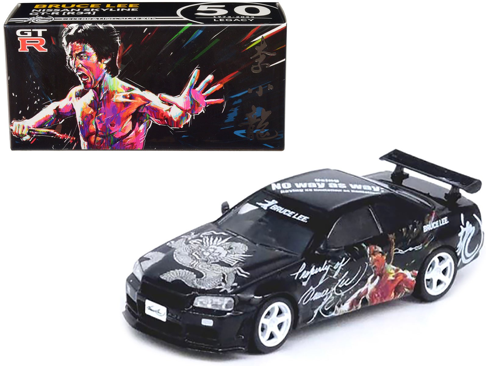 Nissan Skyline GT - R (R34) RHD (Right Hand Drive) Black "Bruce Lee Legacy 50 Year Anniversary" 1/64 Diecast Model Car by Inno Models free shipping USA - Rapid Vehicles
