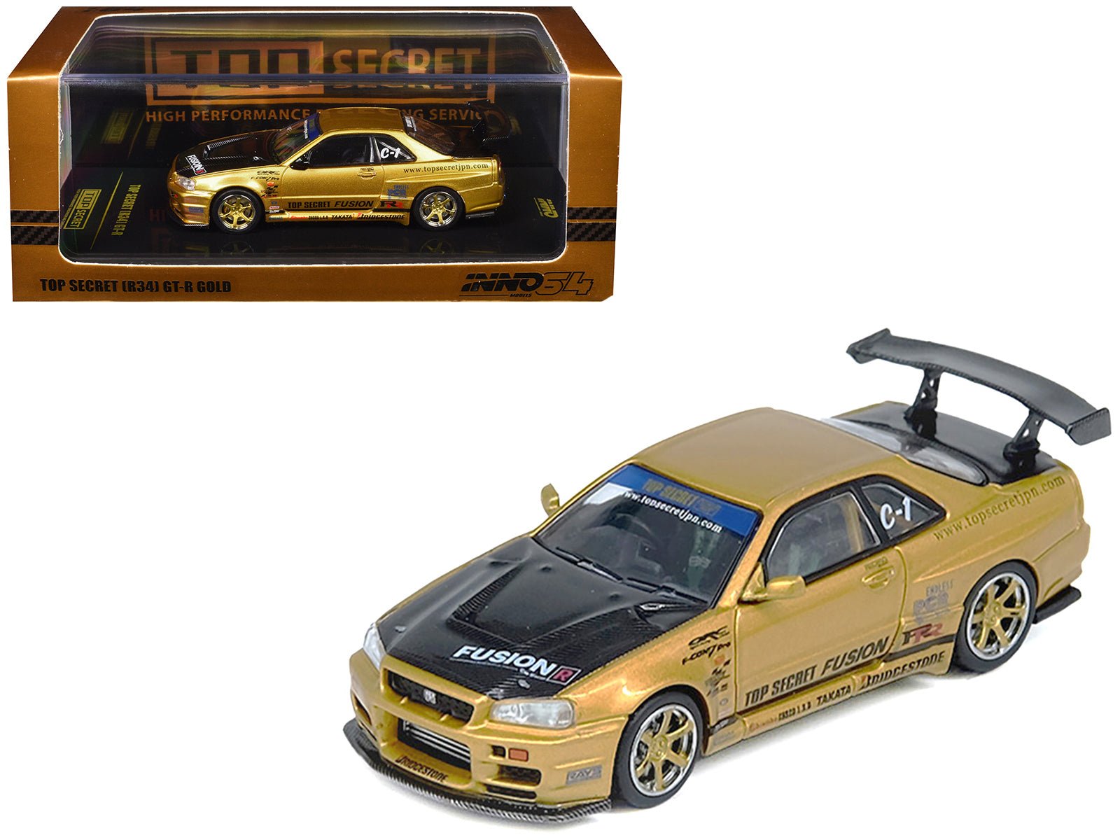 Nissan Skyline GT - R (R34) RHD (Right Hand Drive) "Top Secret" Gold Metallic with Carbon Hood and Trunk 1/64 Diecast Model Car by Inno Models free shipping USA - Rapid Vehicles
