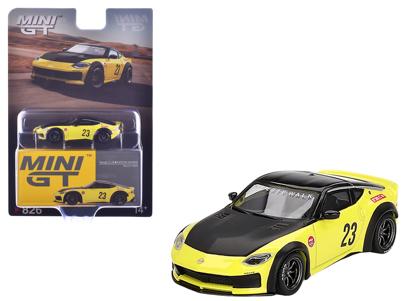 Nissan Z "LB - Nation Works" 23 Ikazuchi Yellow with Black Hood and Top Limited Edition 1/64 Diecast Model Car by Mini GT free shipping USA - Rapid Vehicles
