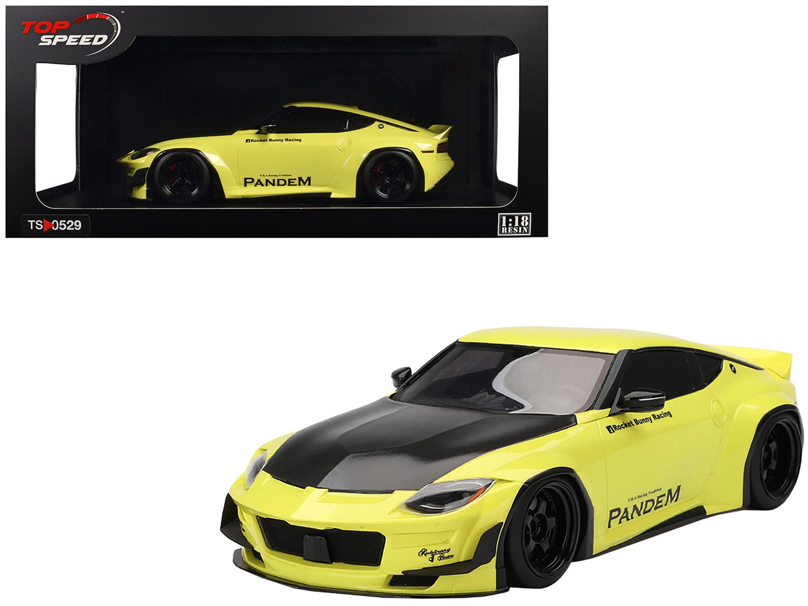 Nissan Z (RZ34) "Pandem" Ikazuchi Yellow with Matt Black Hood 1/18 Model Car by Top Speed free shipping USA - Rapid Vehicles