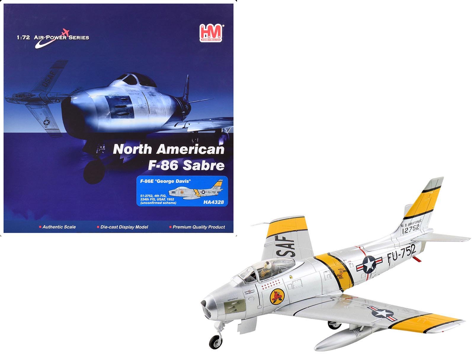 North American F-86E Sabre Fighter Aircraft "51-2752 Colonel George Andrew Davis Jr. 4th FIG 334th FIS" (1952) United States Air Force "Air Power Series" 1/72 Diecast Model by Hobby Master free shipping USA - Rapid Vehicles