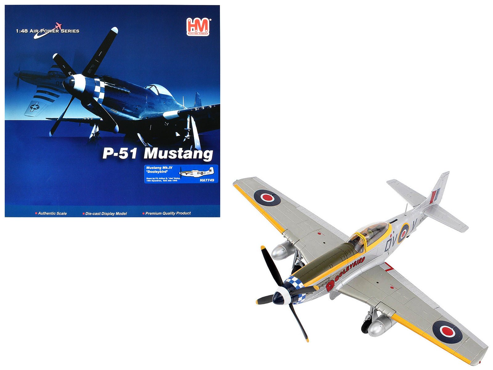 North American Mustang Mk.IV Fighter Aircraft "Flight Lieutenant Arthur S. 'Joe' Doley 19th Squadron" (1945) British Royal Air Force "Air Power Series" 1/48 Diecast Model by Hobby Master free shipping USA - Rapid Vehicles