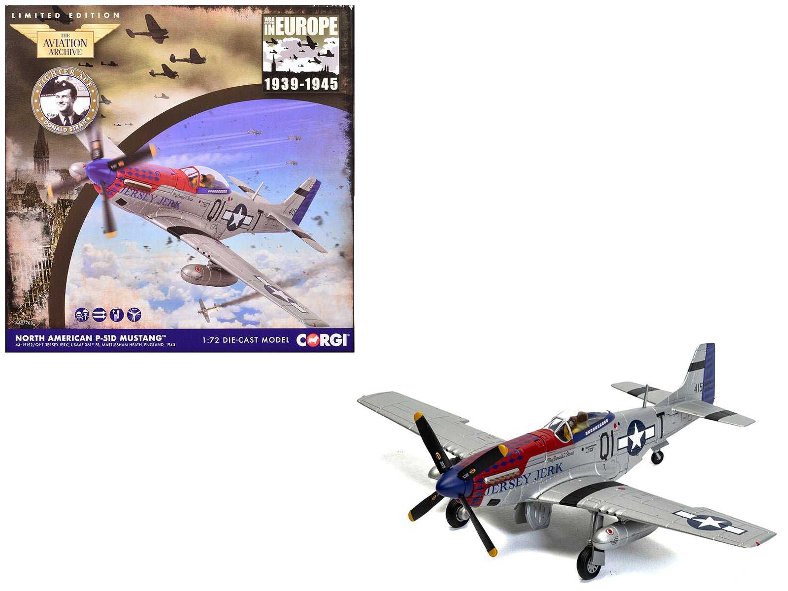 North American P - 51D Mustang Aircraft "Jersey Jerk 361st Fighter Squadron Martlesham Heath" United States Army Air Forces "The Aviation Archive" Series 1/72 Diecast Model by Corgi free shipping USA - Rapid Vehicles