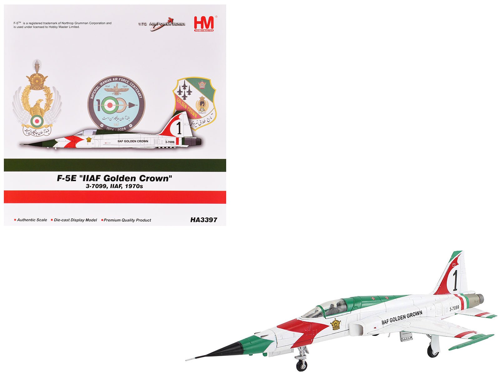 Northrop F - 5E Tiger II Aircraft "1 3 - 7099 IIAF Golden Crown" Imperial Iranian Air Force "Air Power Series" 1/72 Diecast Model by Hobby Master free shipping USA - Rapid Vehicles