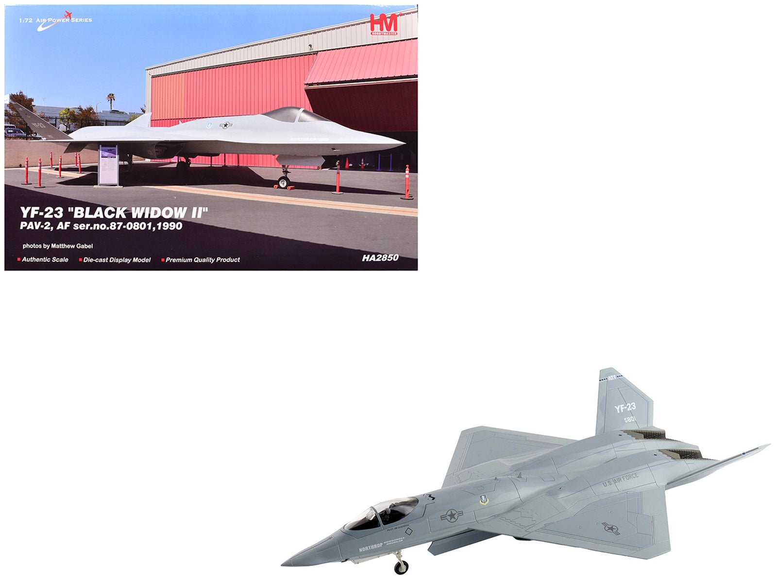 Northrop YF - 23 Black Widow II Stealth Fighter Aircraft "87 - 0801 PAV - 2" (1990) United States Air Force "Air Power Series" 1/72 Diecast Model by Hobby Master free shipping USA - Rapid Vehicles