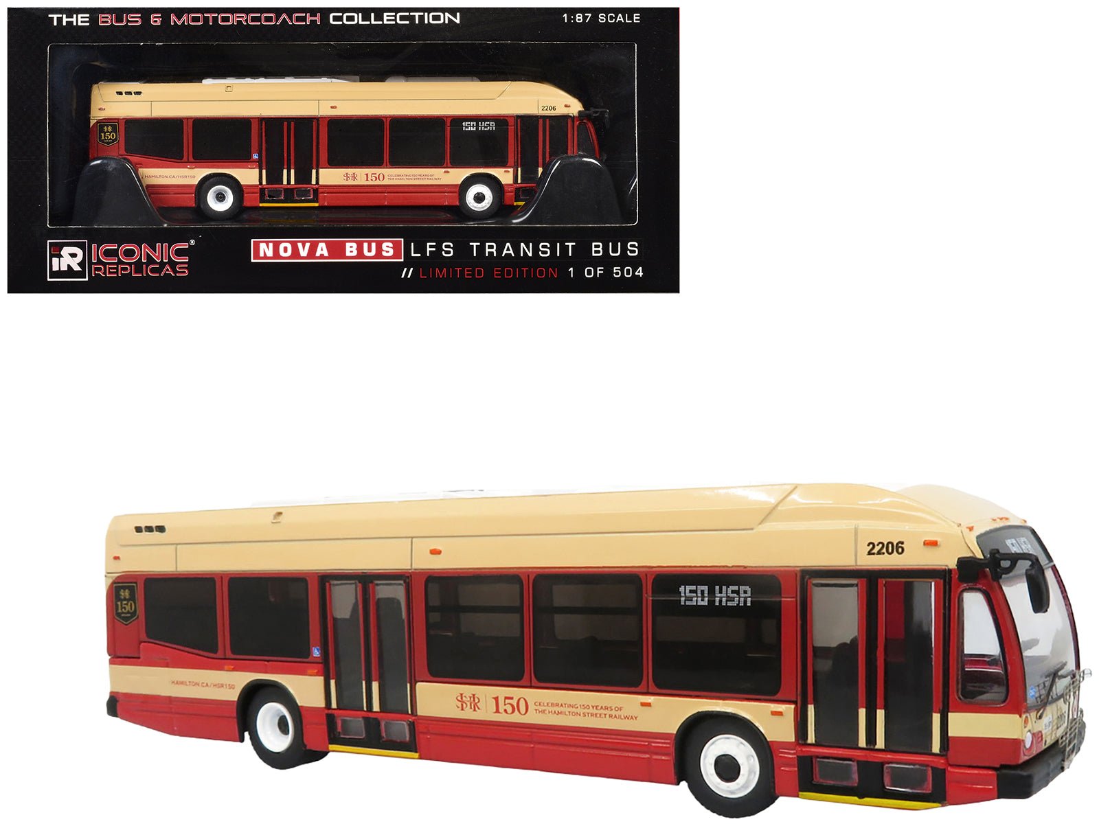 Nova Bus LFS HEV Transit Bus "Hamilton Street Railway 150th Anniversary" Cream and Red "The Bus & Motorcoach Collection" Limited Edition to 504 pieces Worldwide 1/87 (HO) Diecast Model by Iconic Replicas free shipping USA - Rapid Vehicles