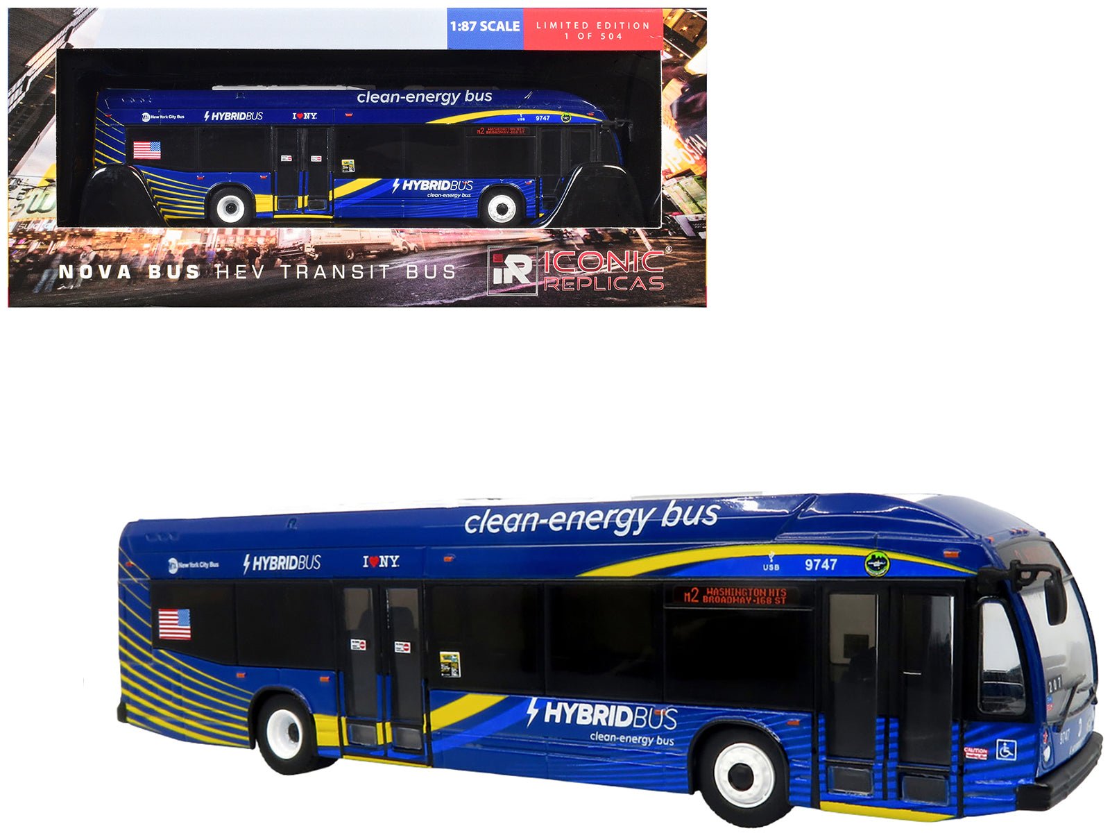 Nova Bus LFSH HEV Hybrid Transit Bus "MTA New York City" Blue with Yellow Graphics Limited Edition to 504 pieces Worldwide 1/87 (HO) Diecast Model by Iconic Replicas free shipping USA - Rapid Vehicles
