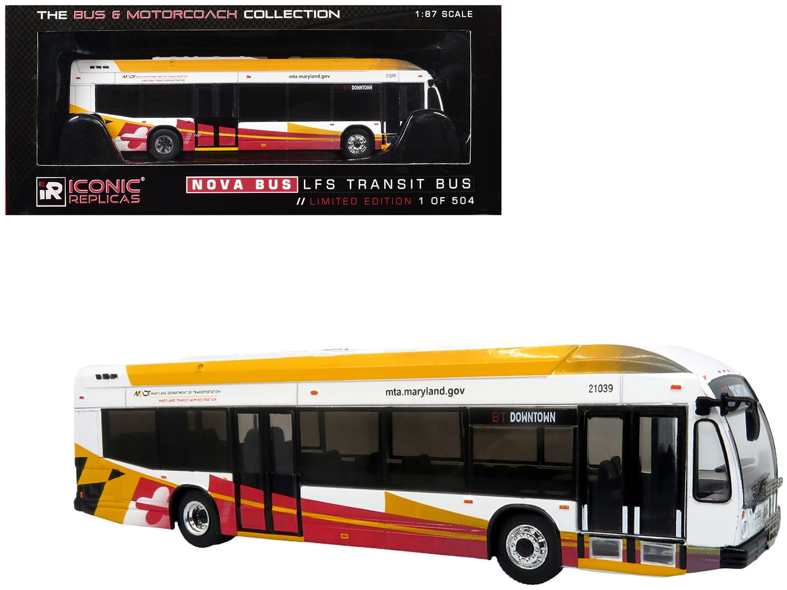 Nova Bus LFSH Hybrid Transit Bus "MTA Maryland" White with Red and Yellow Graphics "The Bus & Motorcoach Collection" Limited Edition to 504 pieces Worldwide 1/87 (HO) Diecast Model by Iconic Replicas free shipping USA - Rapid Vehicles