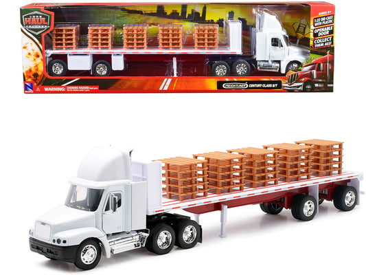 Freightliner Century Class S/T Flatbed Truck White with Pallet Accessories "Long Haul Trucker" Series 1/32 Diecast Model by New Ray free shipping USA