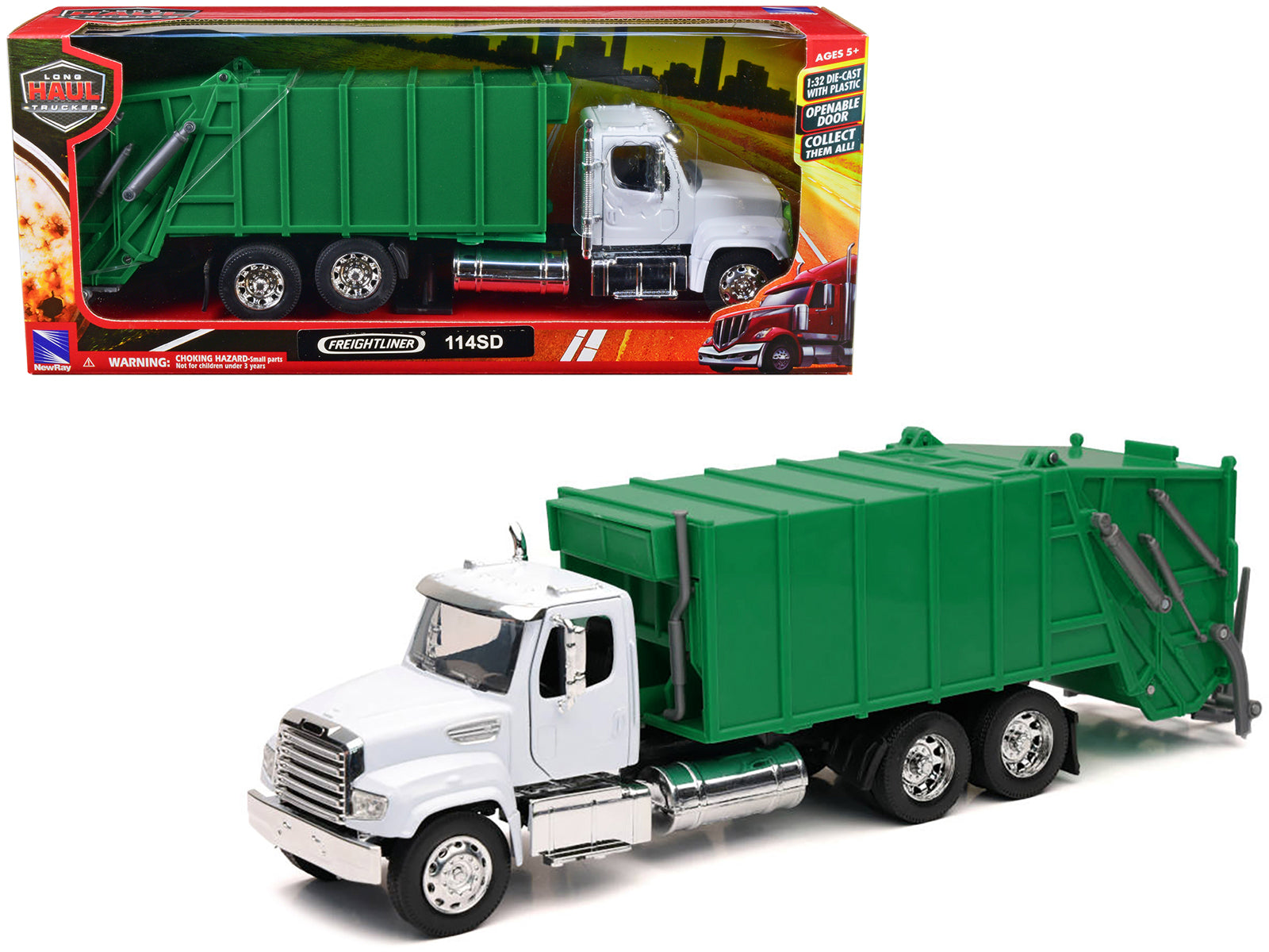 Freightliner 114SD Garbage Truck White and Green "Long Haul Trucker" Series 1/32 Diecast Model by New Ray free shipping USA