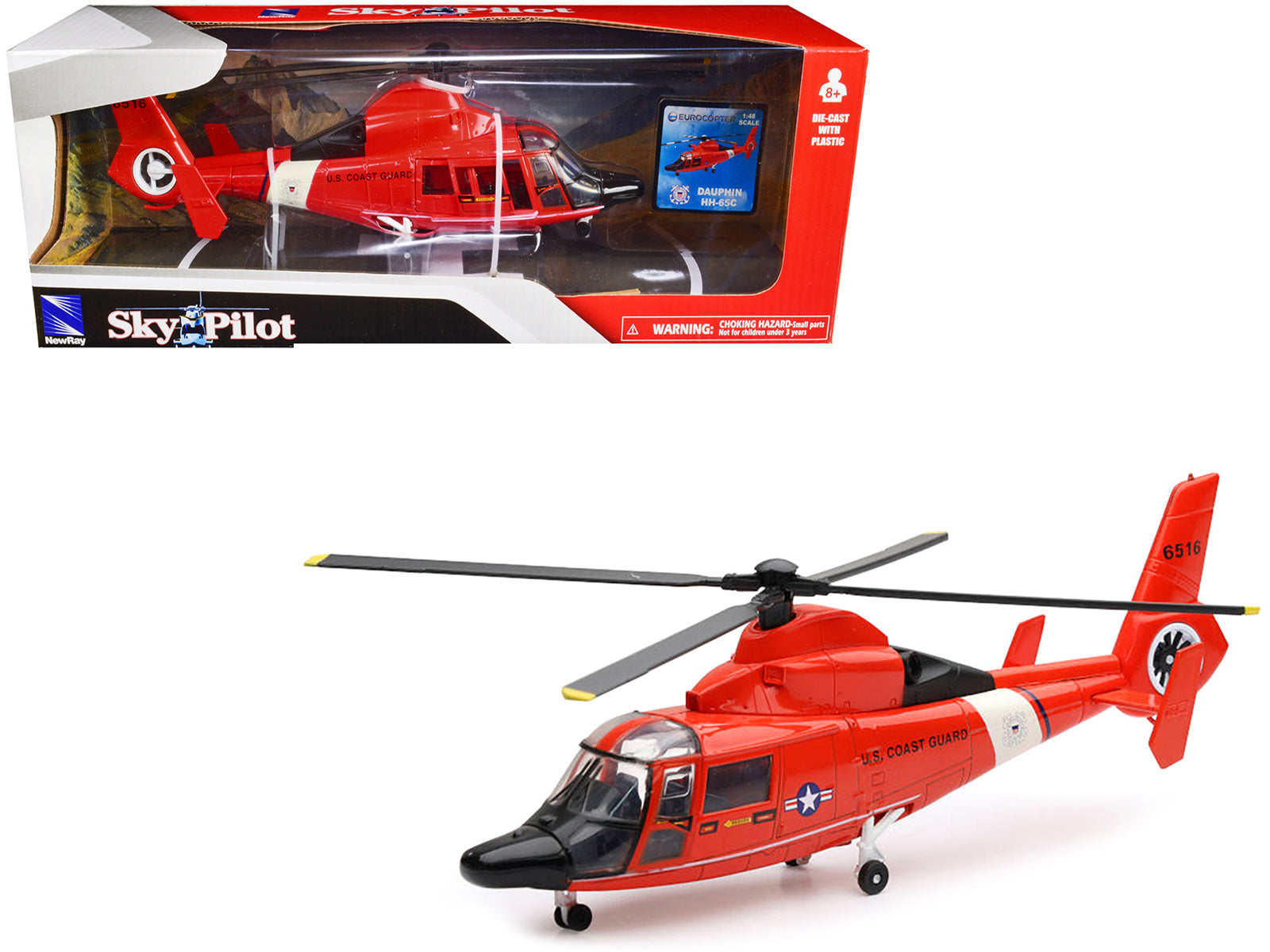 Eurocopter Dauphin HH-65C Helicopter Red "United States Coast Guard" "Sky Pilot" Series 1/48 Diecast Model by New Ray free shipping USA