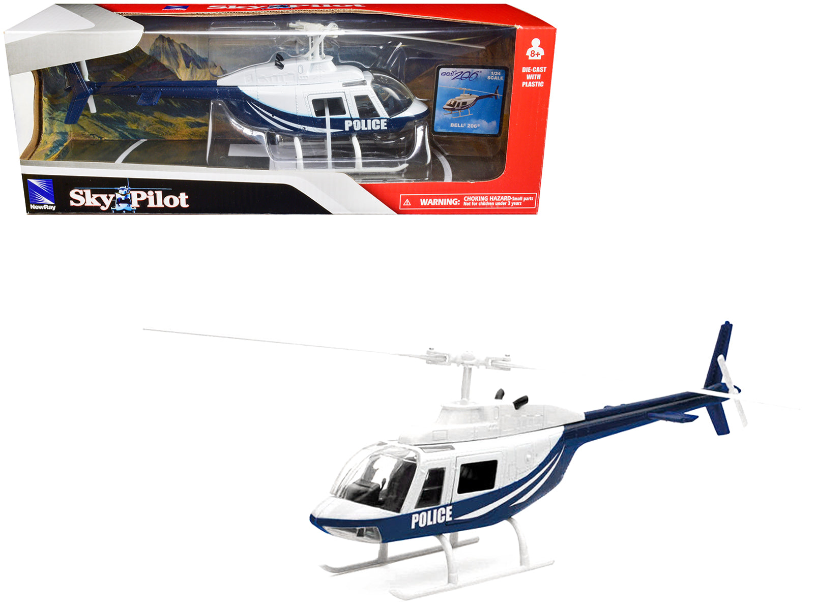 Bell 206 Helicopter Dark Blue and White "Police" "Sky Pilot" Series 1/34 Diecast Model by New Ray free shipping USA