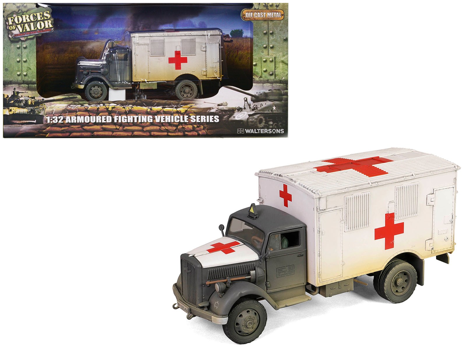 Opel - Blitz Kfz.305 Ambulance Gray and White (Weathered) "German Army" "Armoured Fighting Vehicle" Series 1/32 Diecast Model by Forces of Valor free shipping USA - Rapid Vehicles