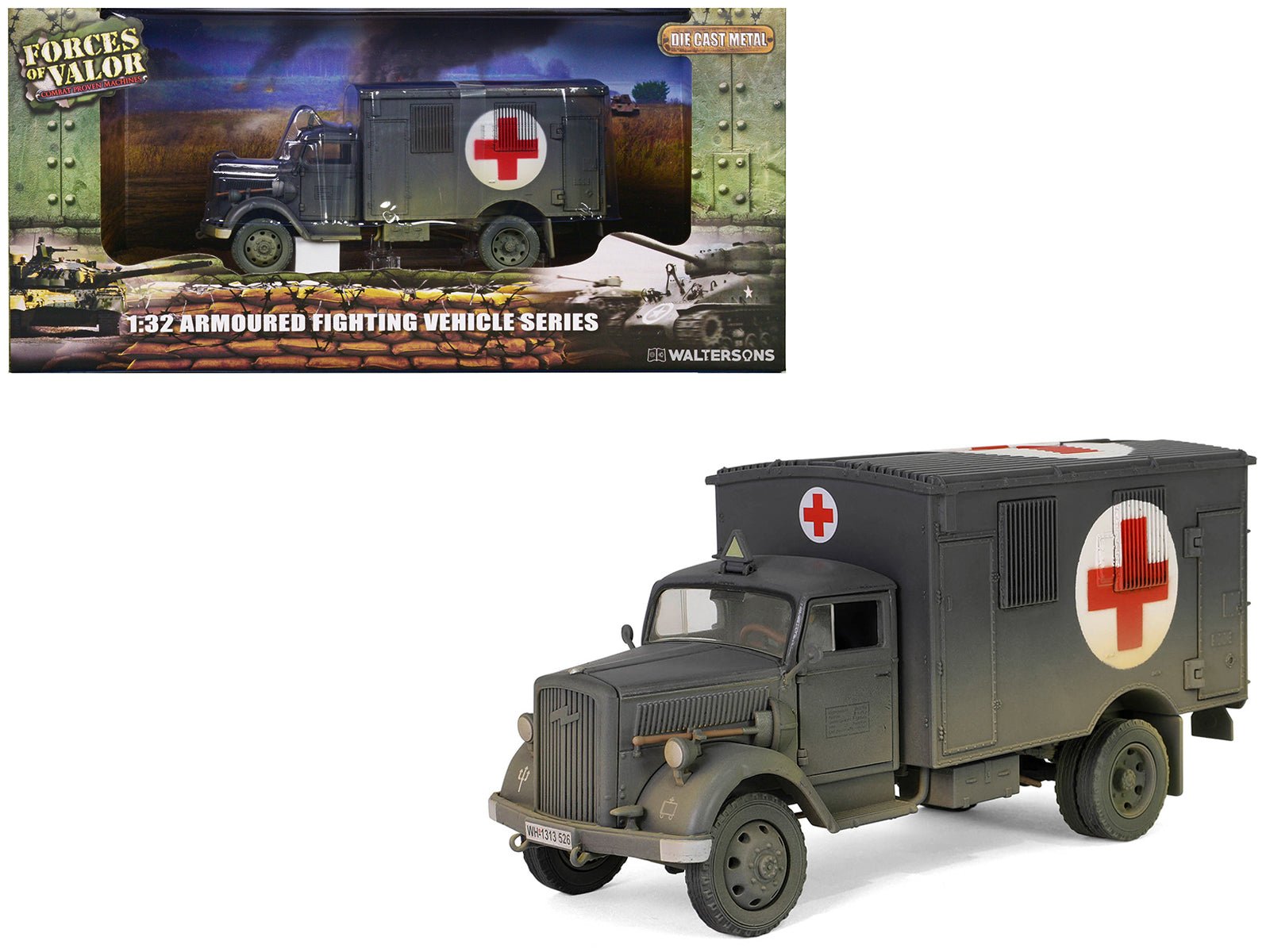 Opel - Blitz Kfz.305 Ambulance Gray (Weathered) "German Army" "Armoured Fighting Vehicle" Series 1/32 Diecast Model by Forces of Valor free shipping USA - Rapid Vehicles