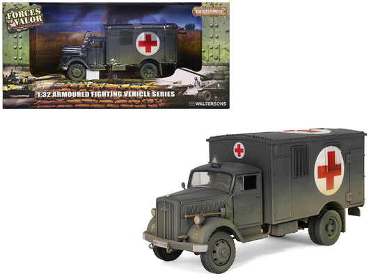 Opel - Blitz Kfz.305 Ambulance Gray (Weathered) "German Army" "Armoured Fighting Vehicle" Series 1/32 Diecast Model by Forces of Valor free shipping USA - Rapid Vehicles
