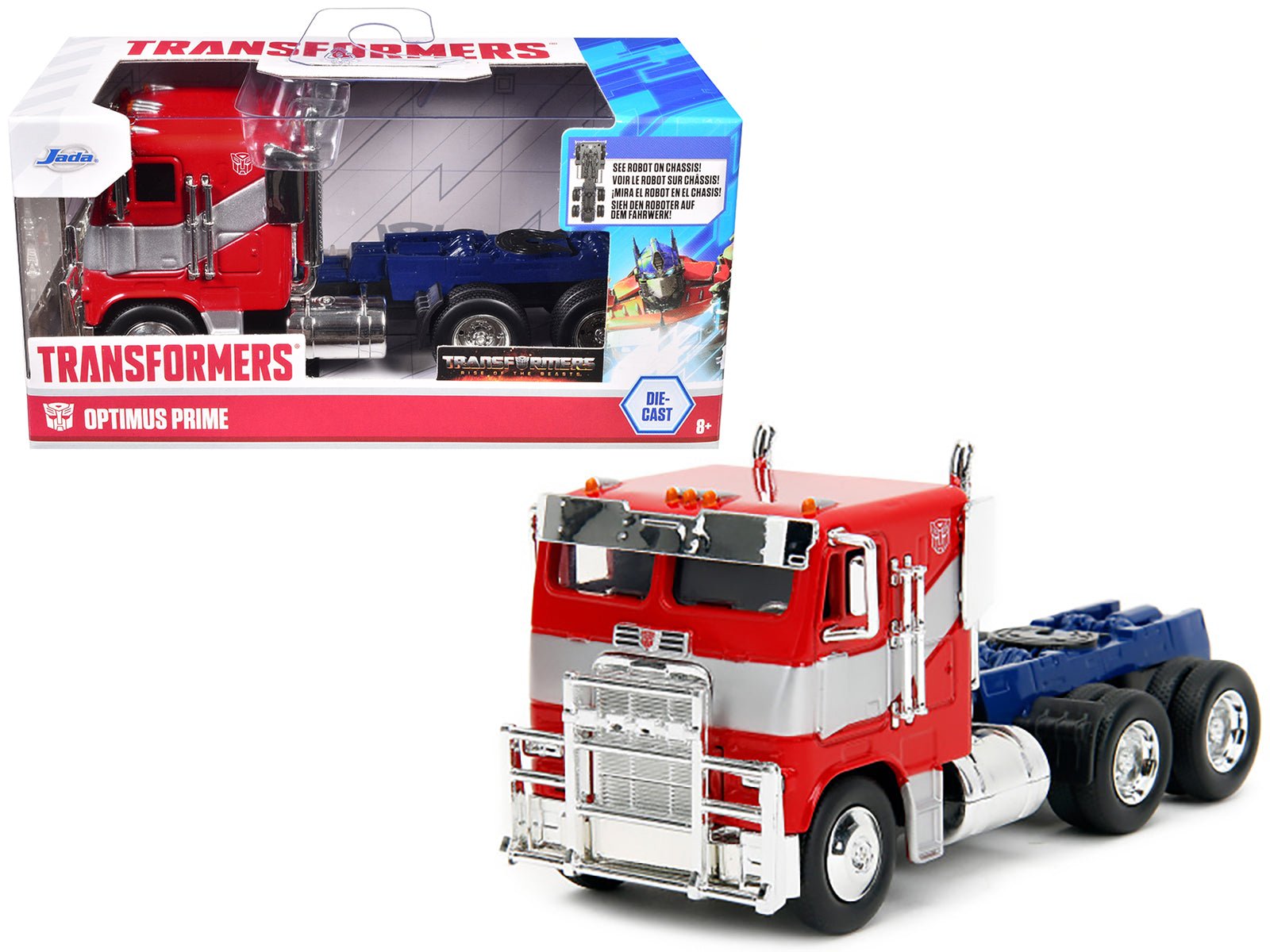 Optimus Prime Tractor Truck Red and Blue with Silver Stripes "Transformers: Rise of the Beasts" (2023) Movie "Hollywood Rides" Series 1/32 Diecast Model Car by Jada free shipping USA - Rapid Vehicles