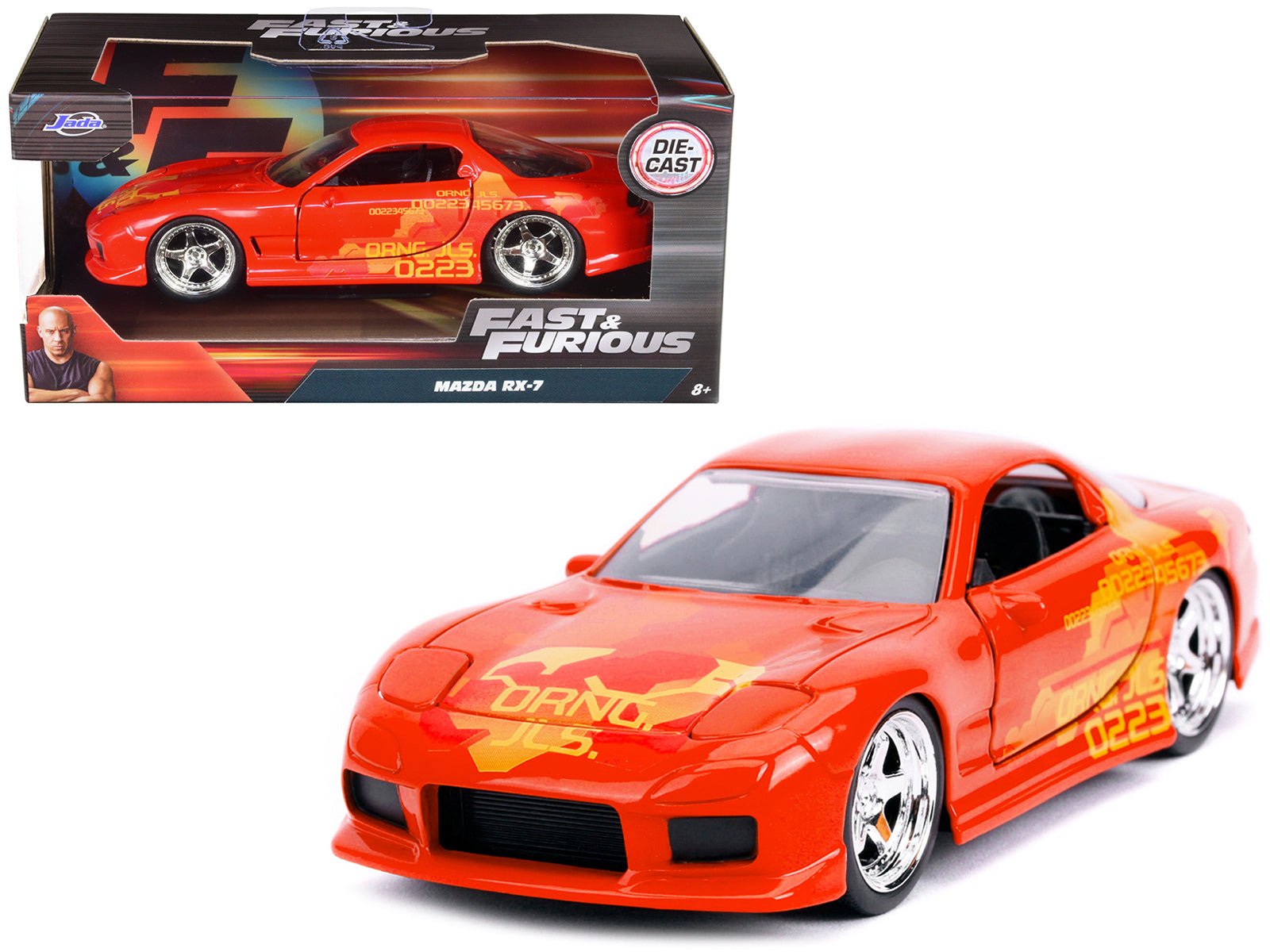 Orange Julius' Mazda RX - 7 Orange Metallic with Graphics "Fast & Furious" Series 1/32 Diecast Model Car by Jada free shipping USA - Rapid Vehicles
